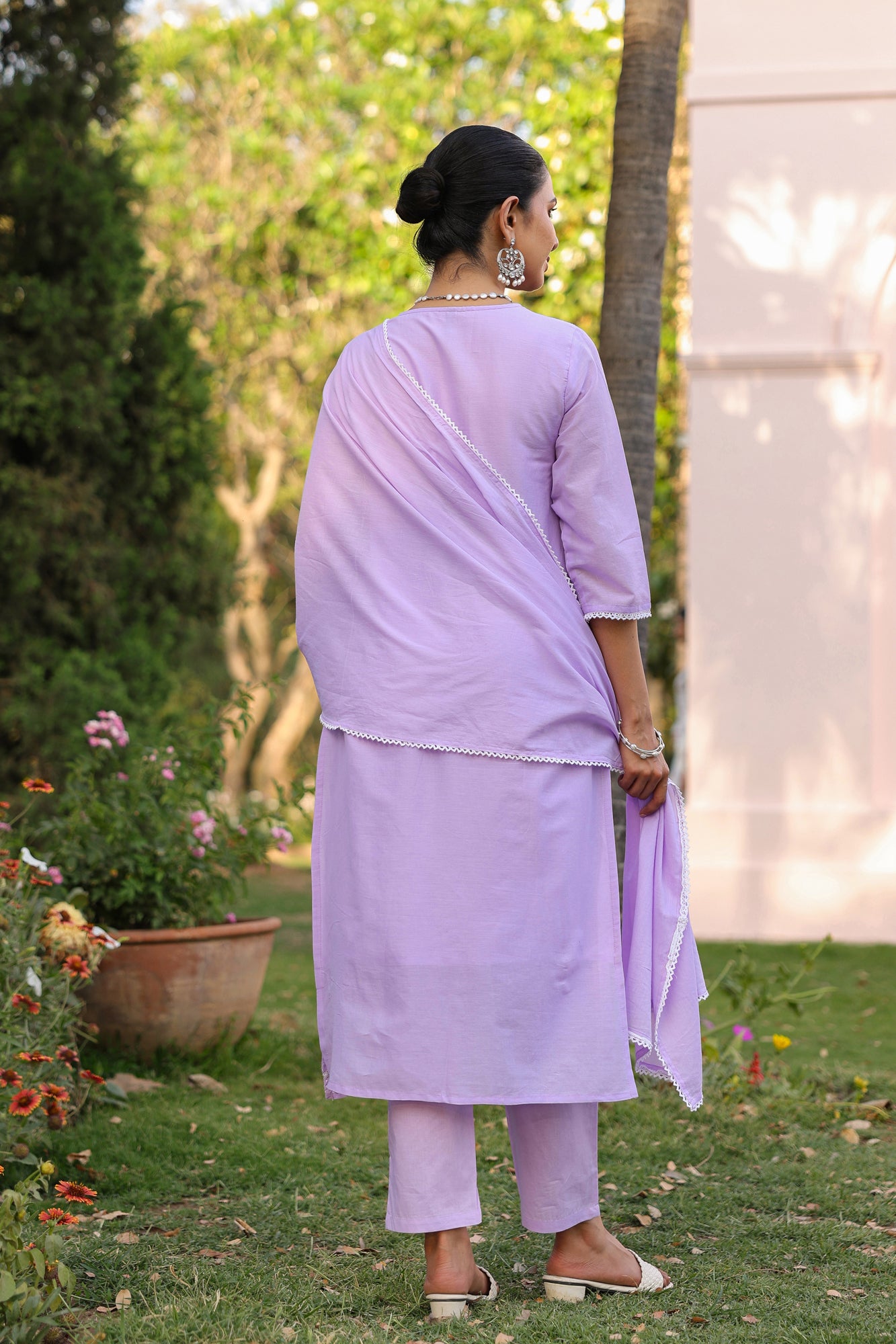 Lavender Cotton Mulmul Chikankari Embroidered Straight Suit Set