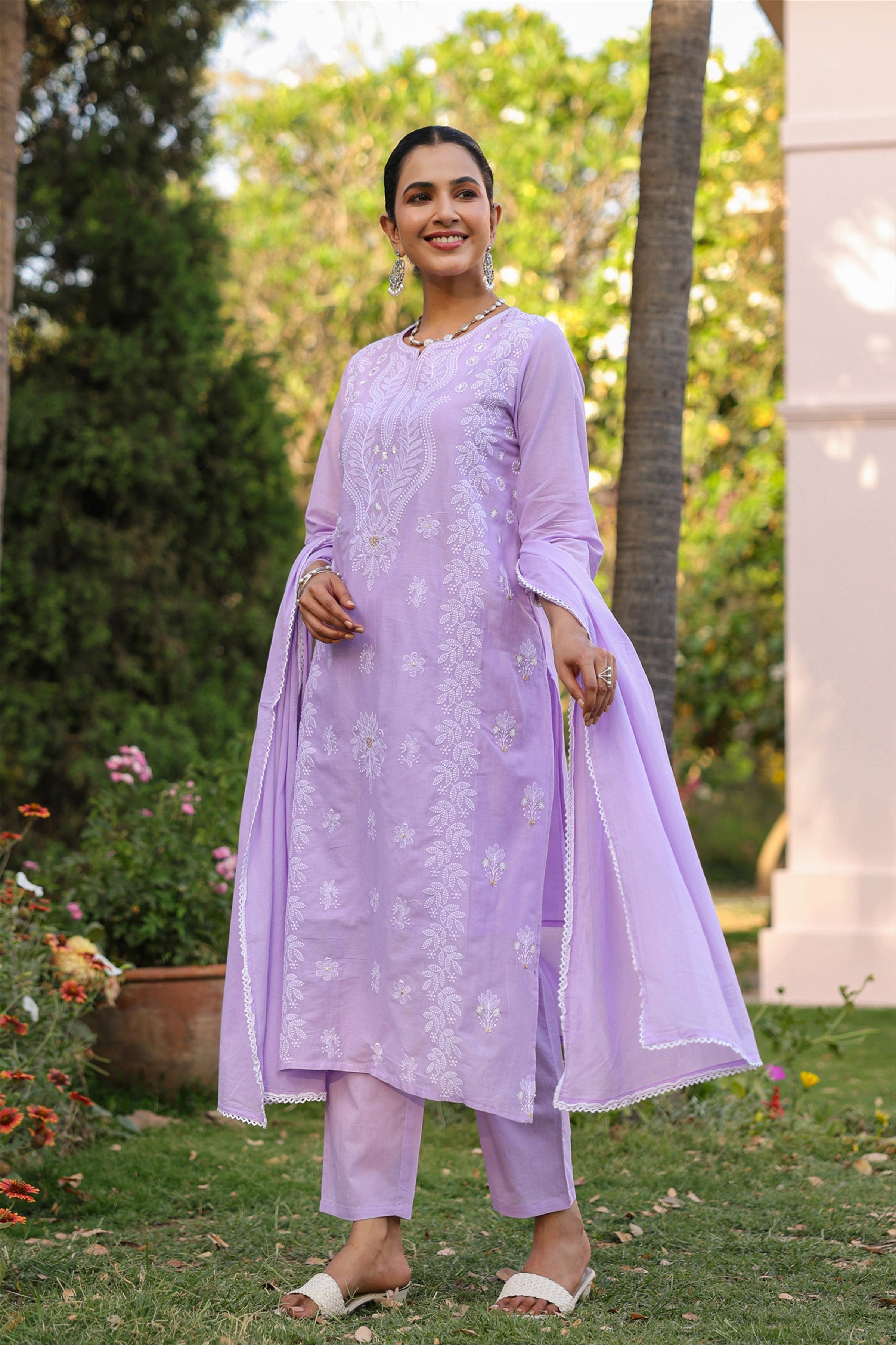 Lavender Cotton Mulmul Chikankari Embroidered Straight Suit Set