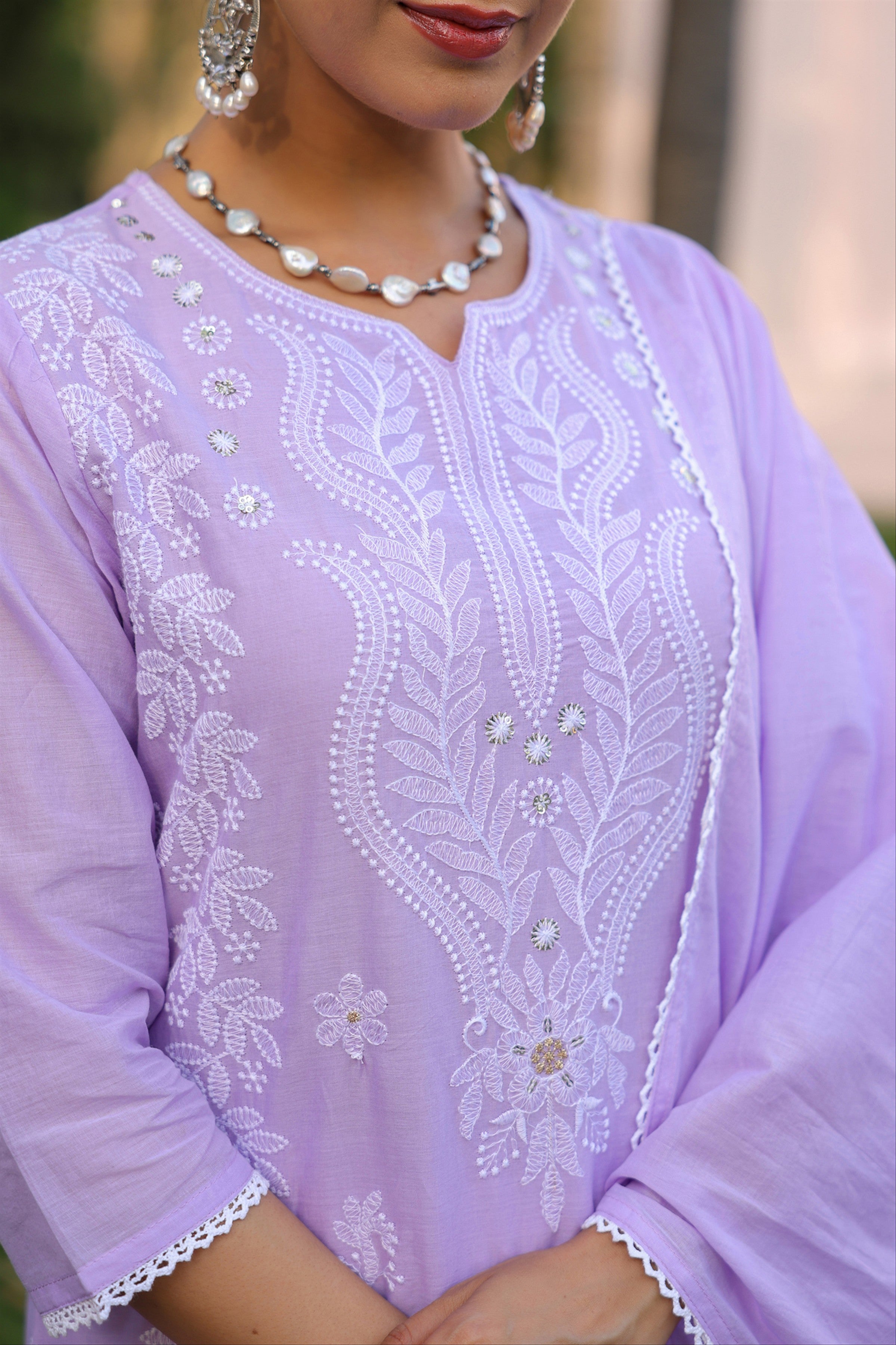 Lavender Cotton Mulmul Chikankari Embroidered Straight Suit Set