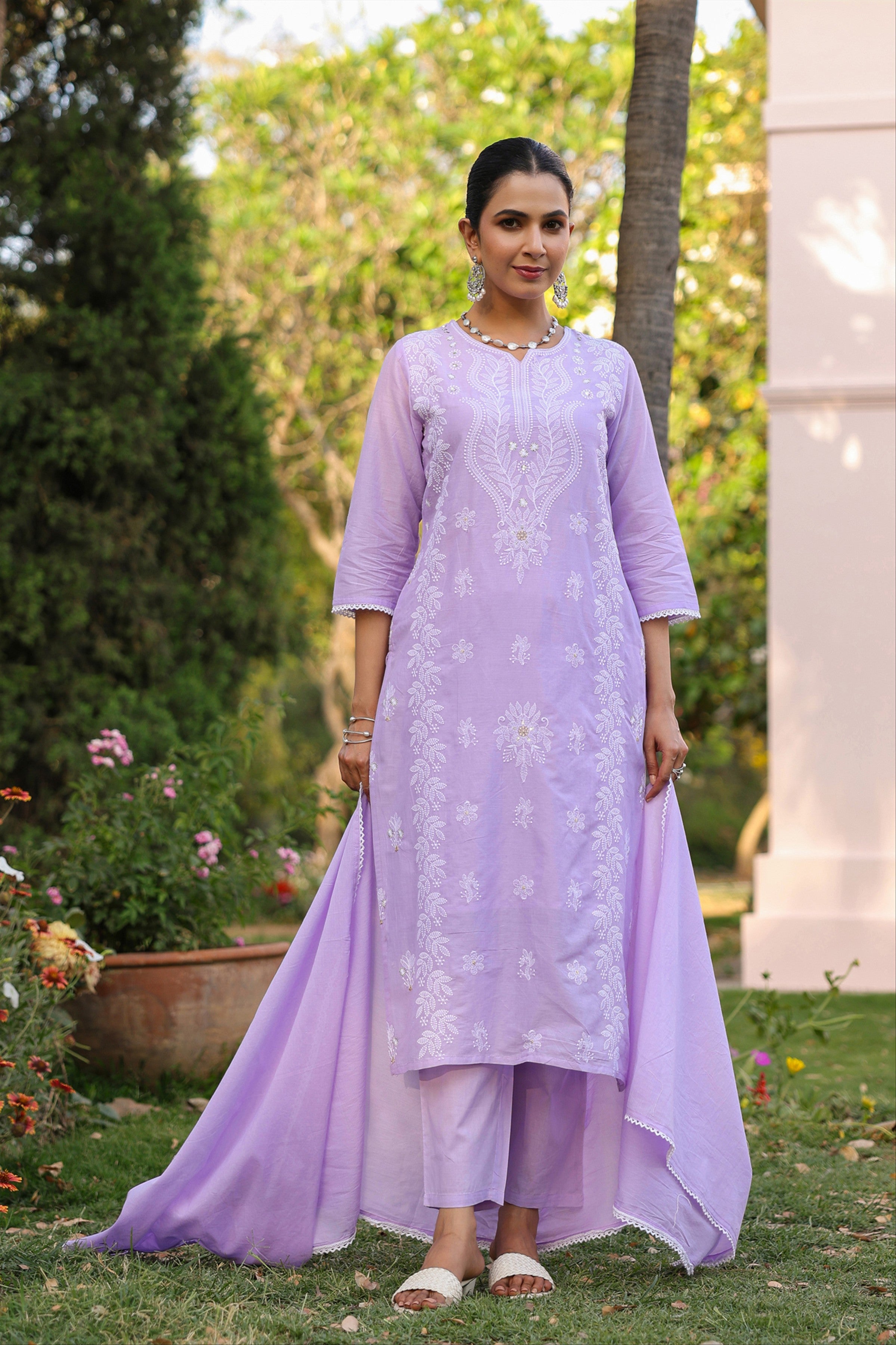 Lavender Cotton Mulmul Chikankari Embroidered Straight Suit Set