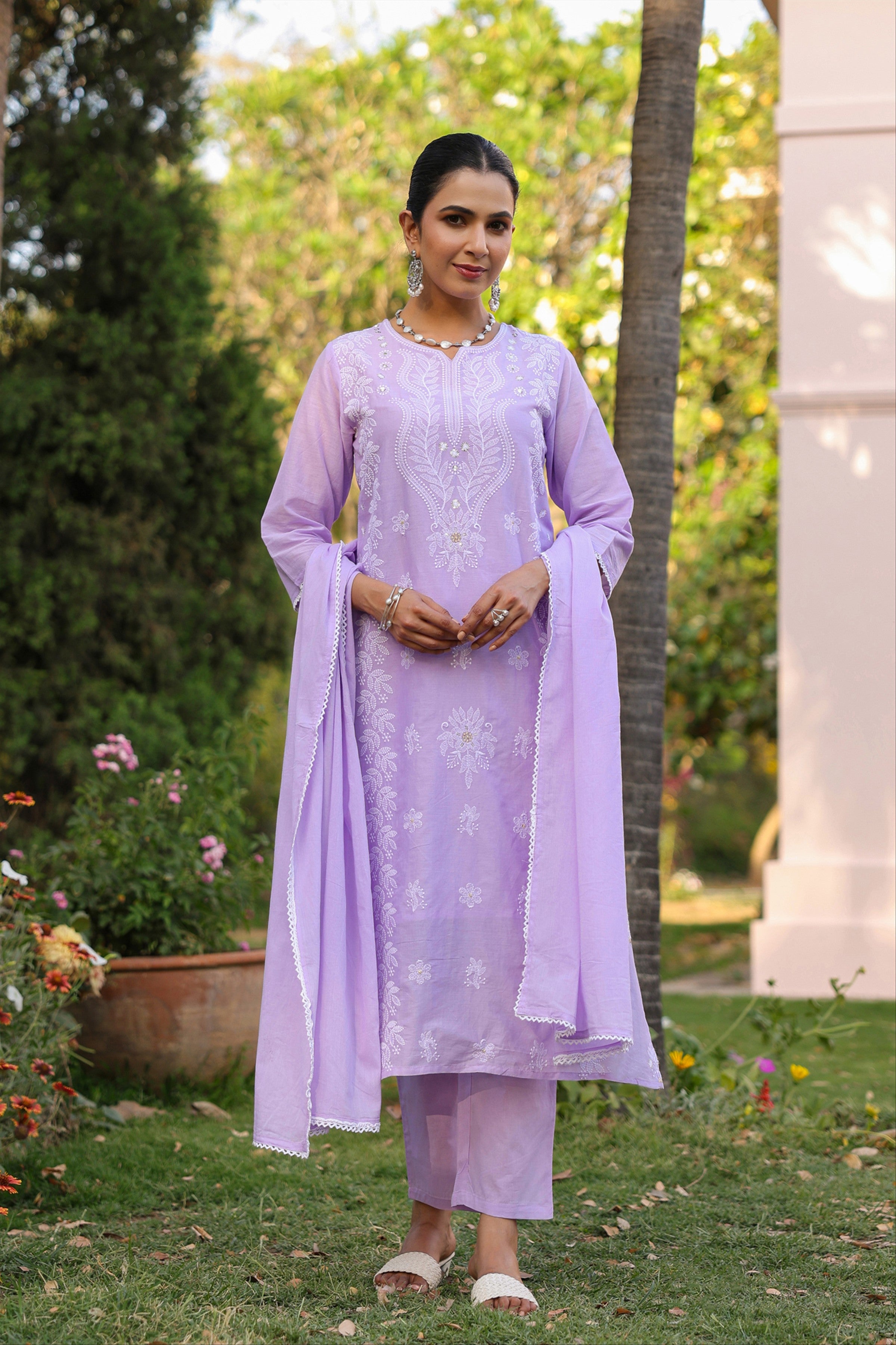 Lavender Cotton Mulmul Chikankari Embroidered Straight Suit Set