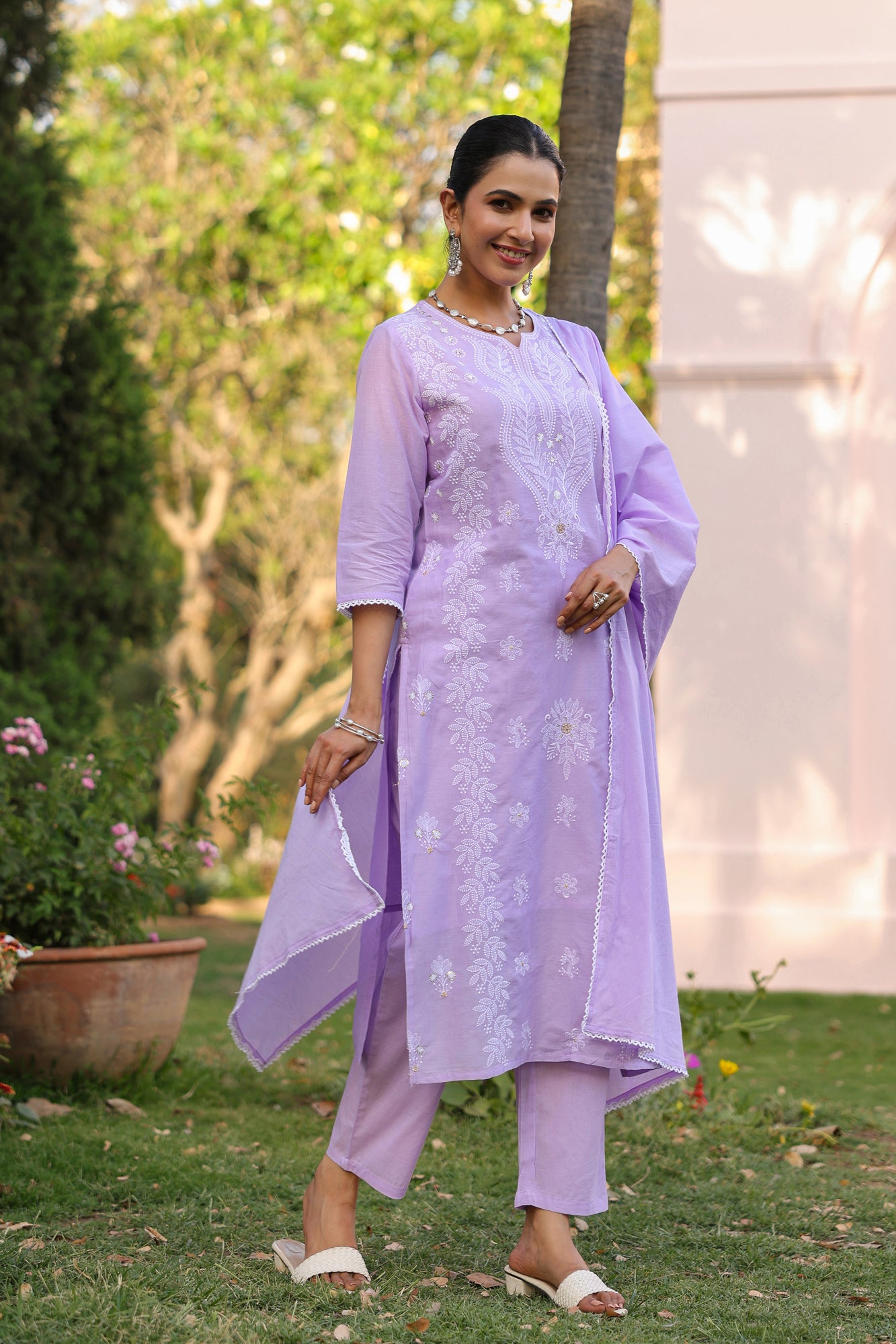 Lavender Cotton Mulmul Chikankari Embroidered Straight Suit Set