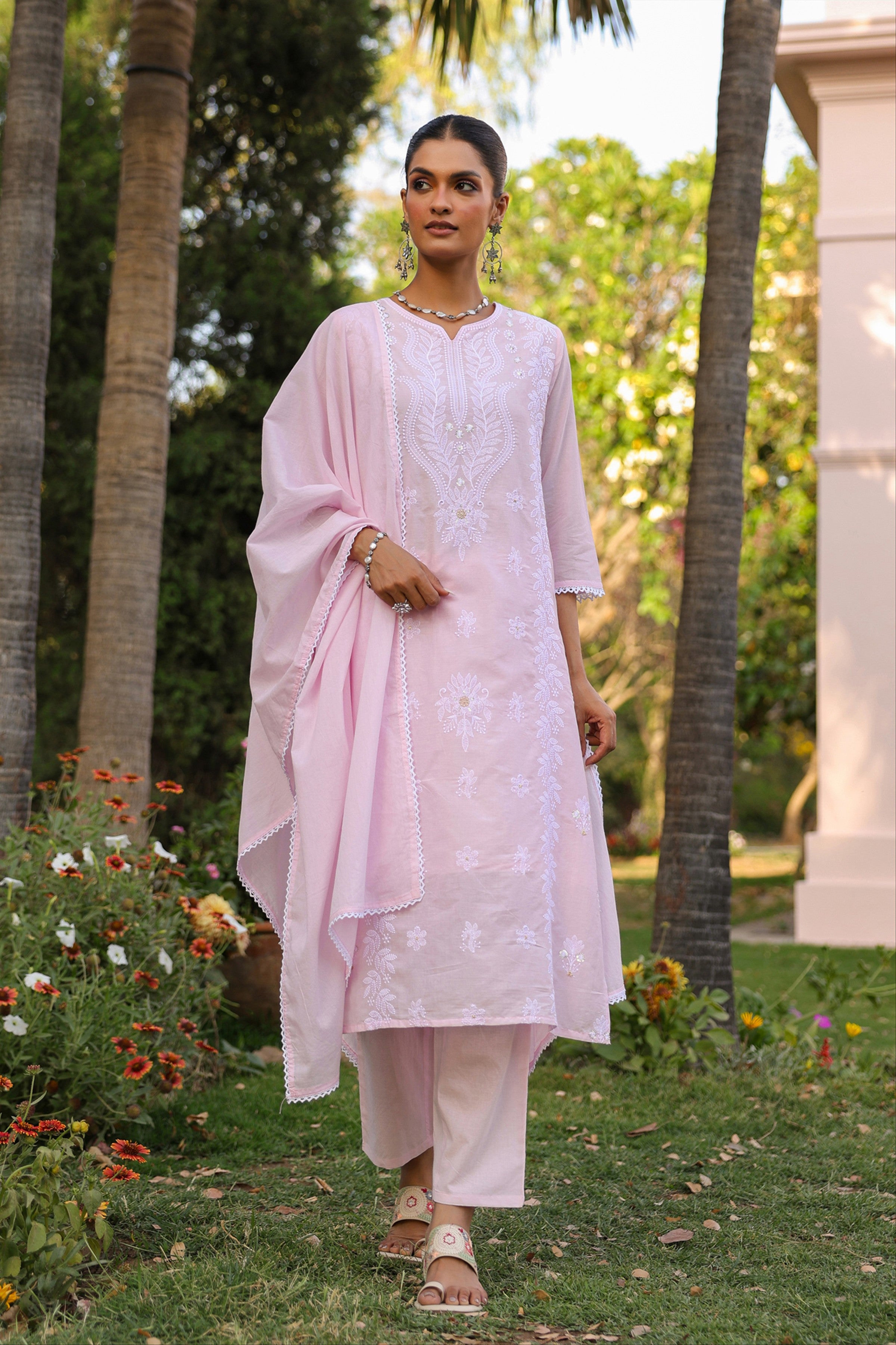 Pink Cotton Mulmul Chikankari Embroidered Straight Suit Set