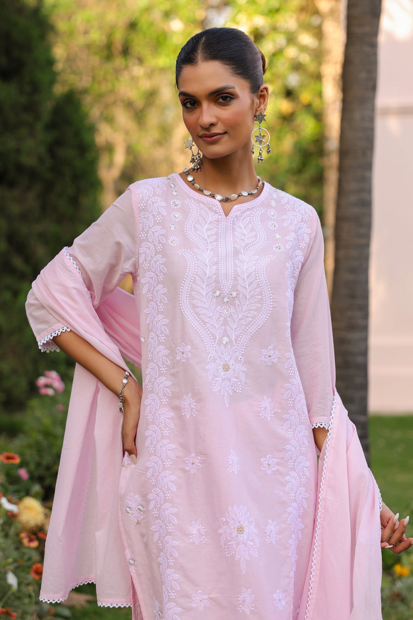 Pink Cotton Mulmul Chikankari Embroidered Straight Suit Set