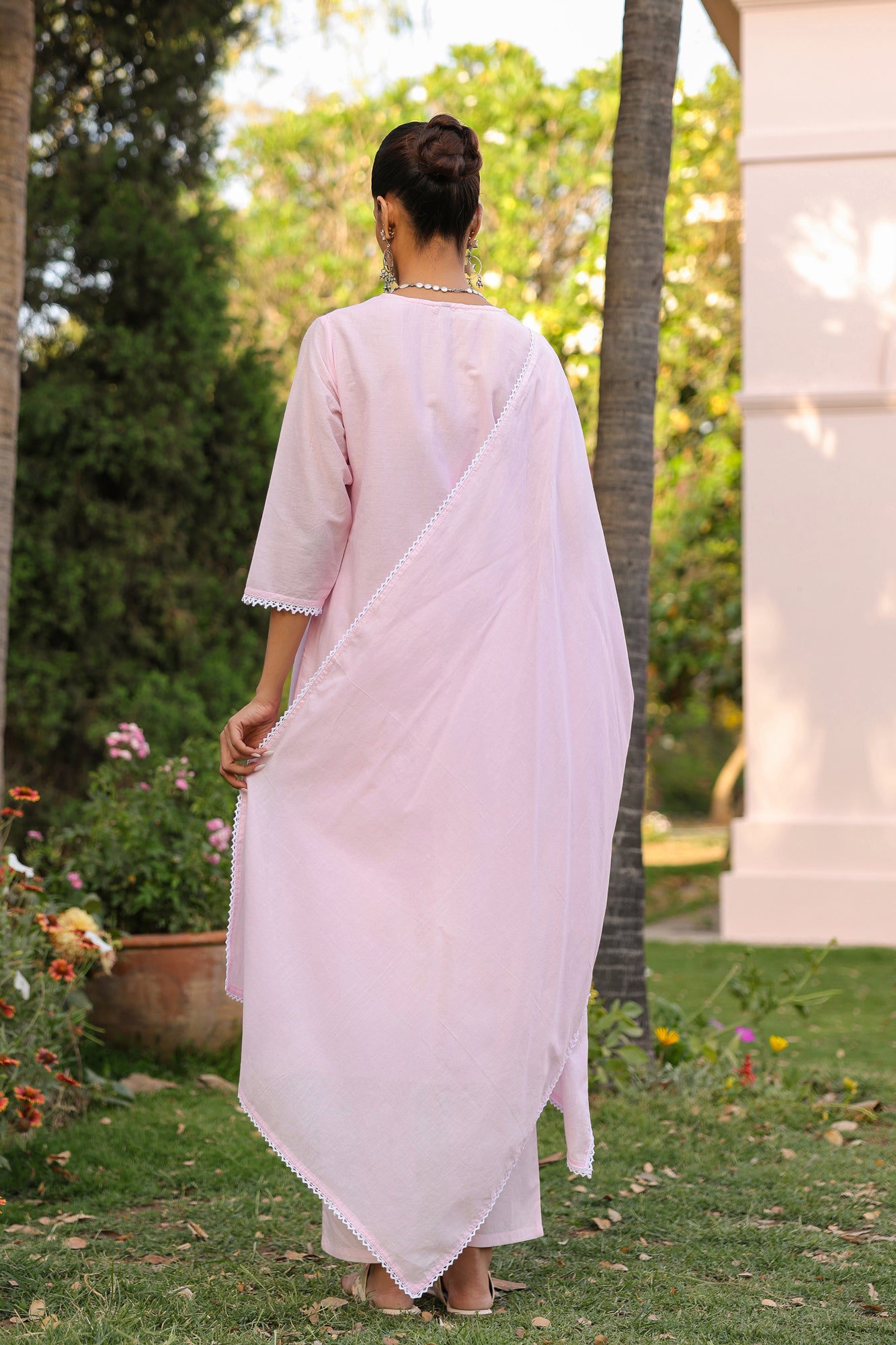 Pink Cotton Mulmul Chikankari Embroidered Straight Suit Set