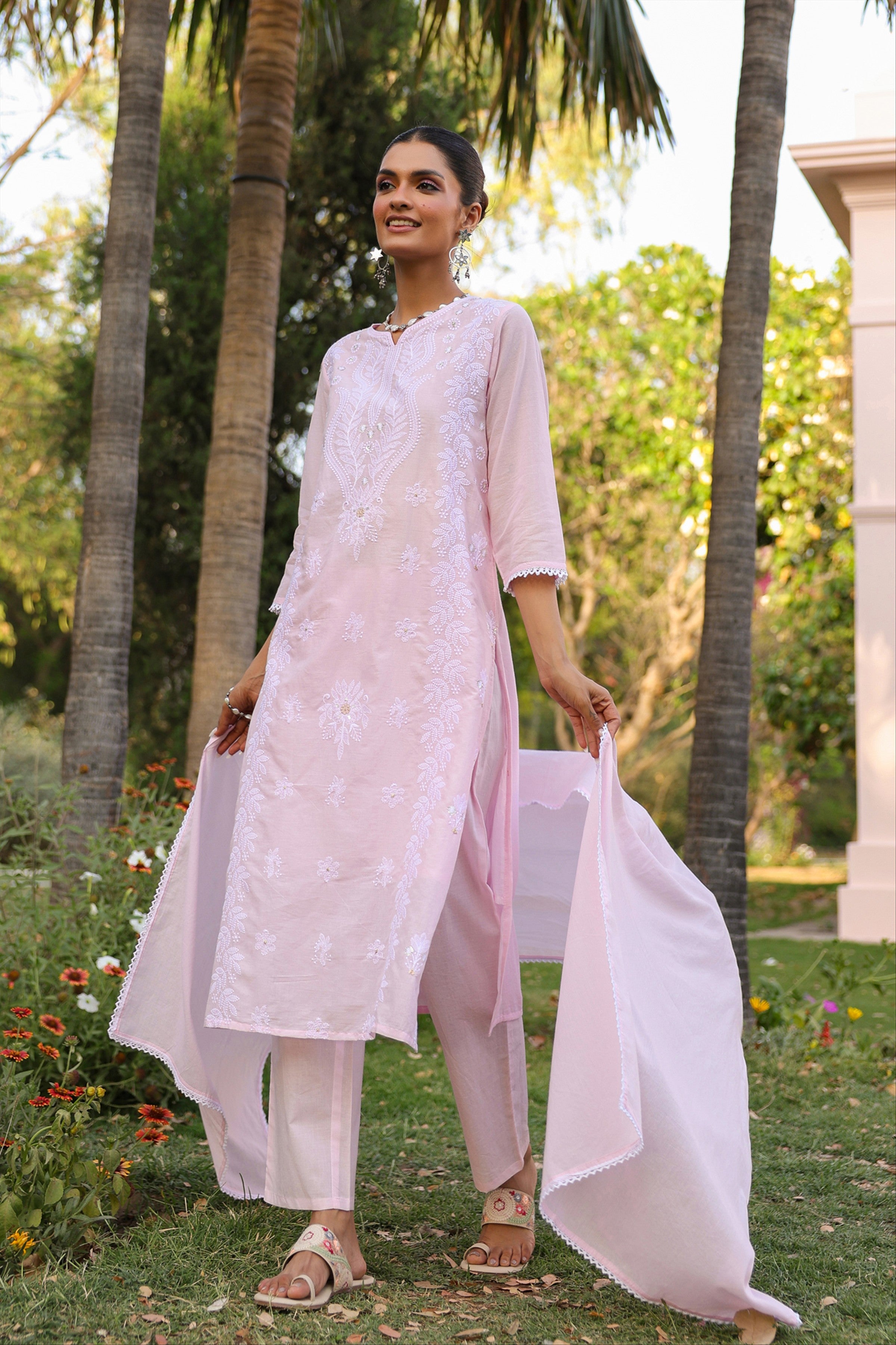 Pink Cotton Mulmul Chikankari Embroidered Straight Suit Set