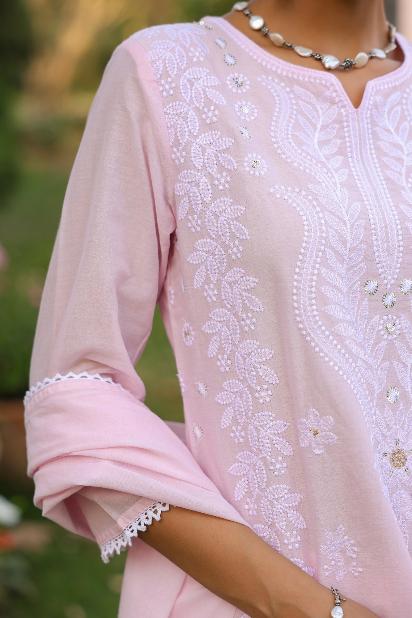 Pink Cotton Mulmul Chikankari Embroidered Straight Suit Set