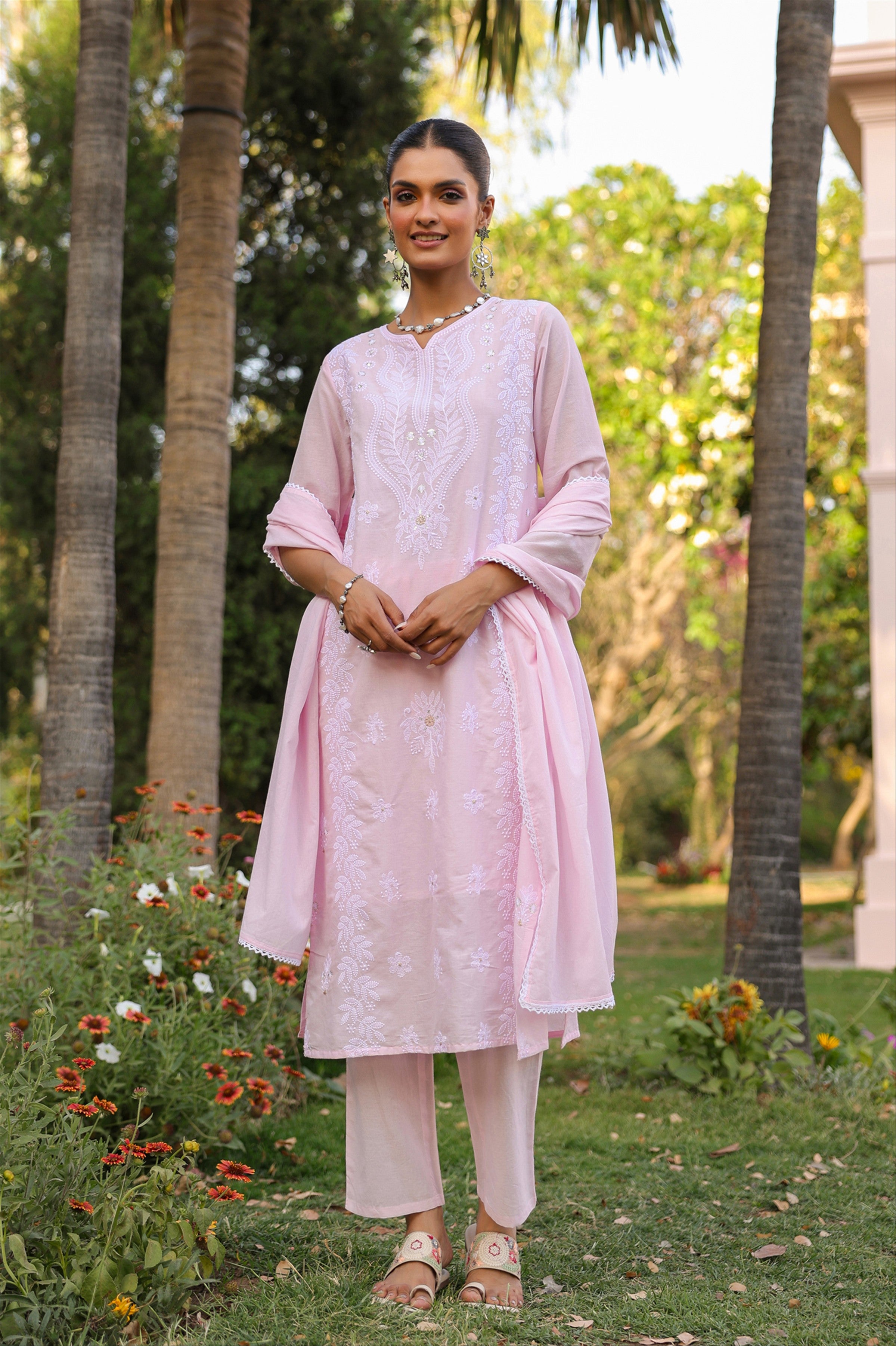 Pink Cotton Mulmul Chikankari Embroidered Straight Suit Set