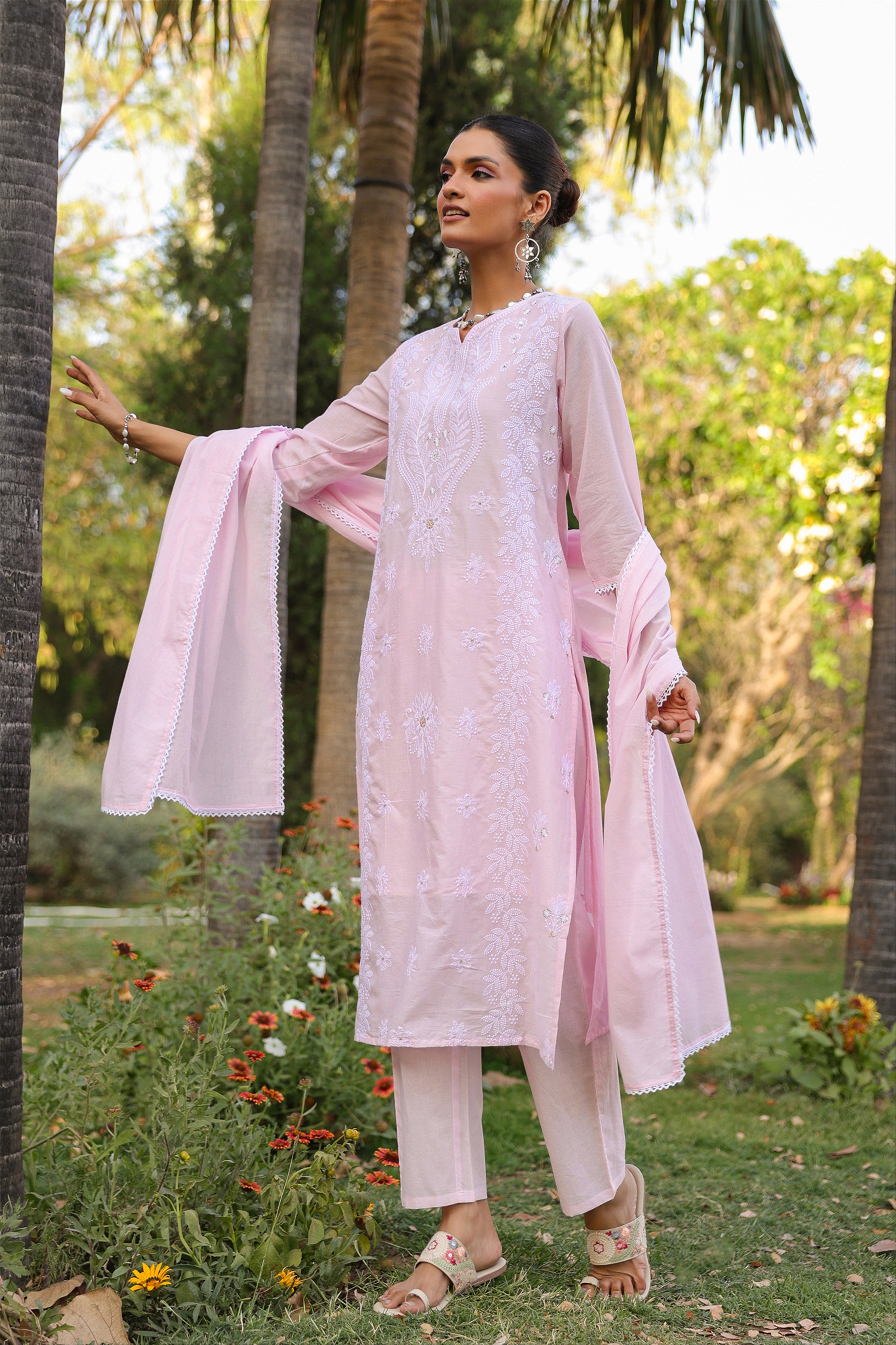 Pink Cotton Mulmul Chikankari Embroidered Straight Suit Set