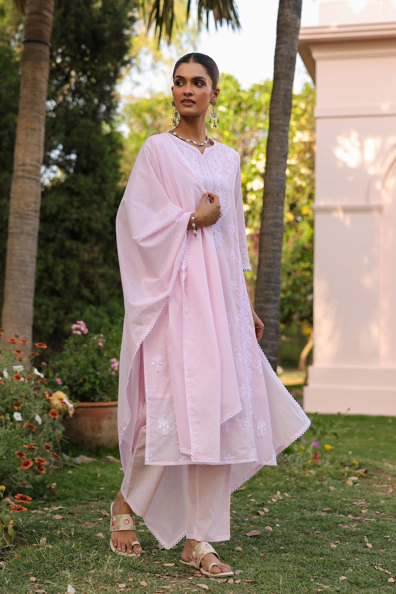 Pink Cotton Mulmul Chikankari Embroidered Straight Suit Set