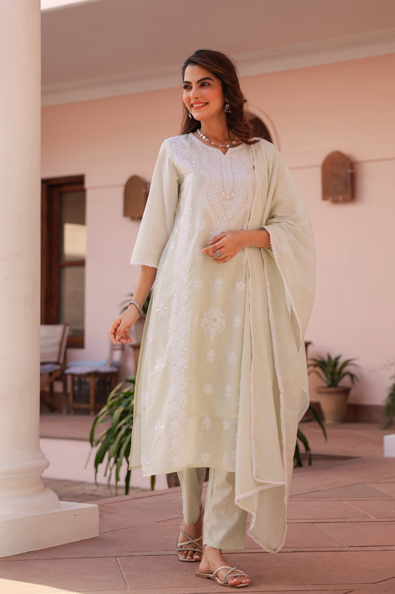 Pistagreen Cotton Mulmul Chikankari Embroidered Straight Suit Set