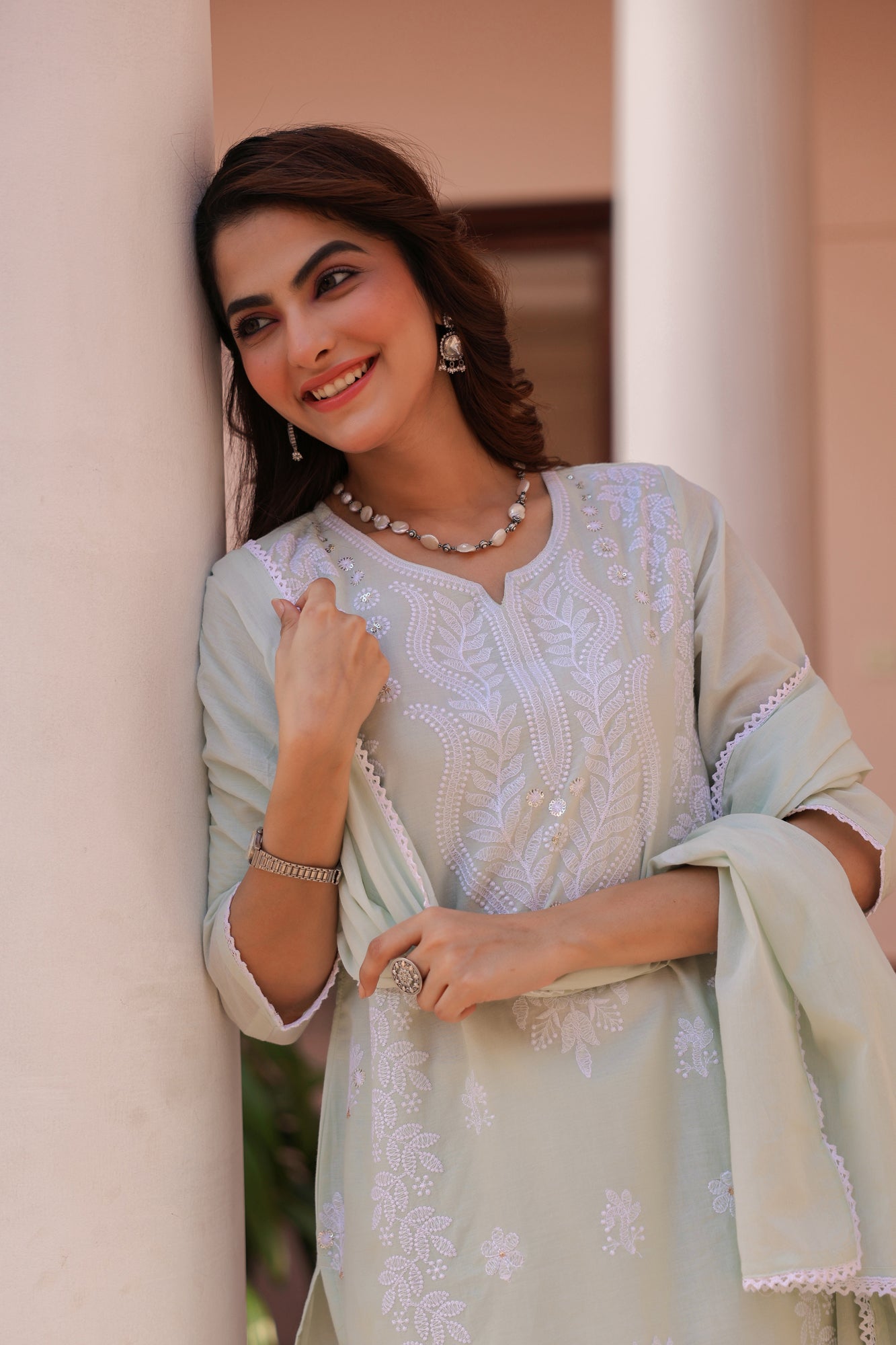 Pistagreen Cotton Mulmul Chikankari Embroidered Straight Suit Set