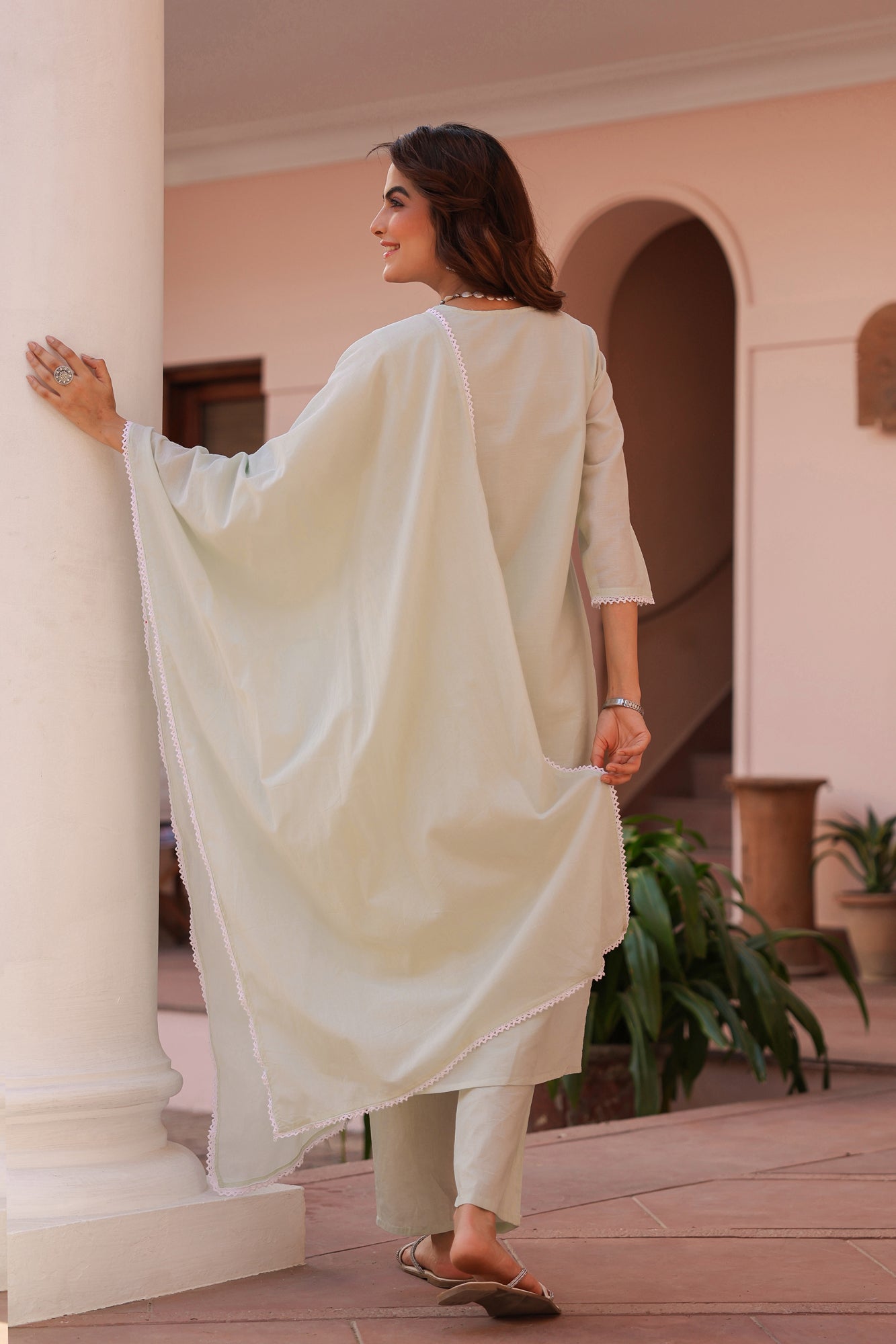 Pistagreen Cotton Mulmul Chikankari Embroidered Straight Suit Set