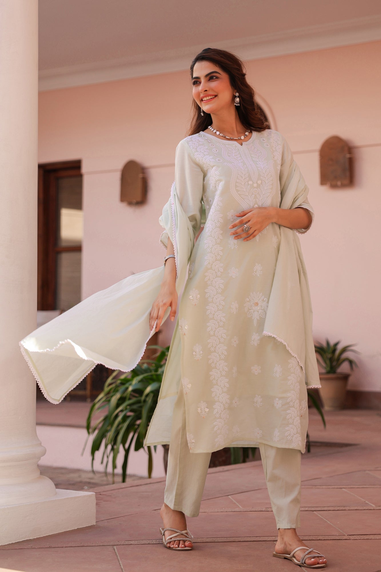 Pistagreen Cotton Mulmul Chikankari Embroidered Straight Suit Set