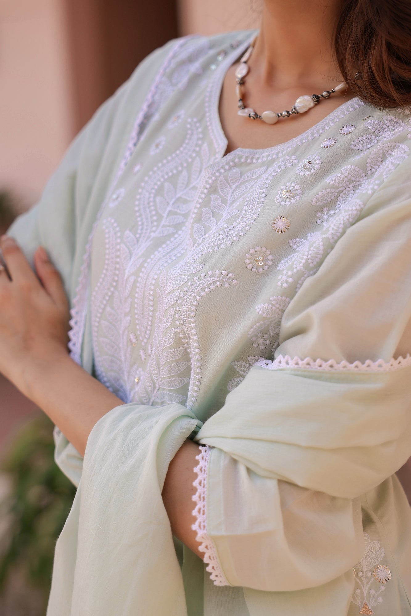 Pistagreen Cotton Mulmul Chikankari Embroidered Straight Suit Set
