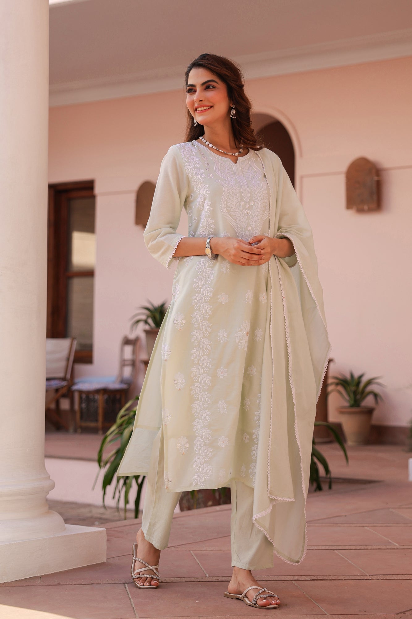 Pistagreen Cotton Mulmul Chikankari Embroidered Straight Suit Set