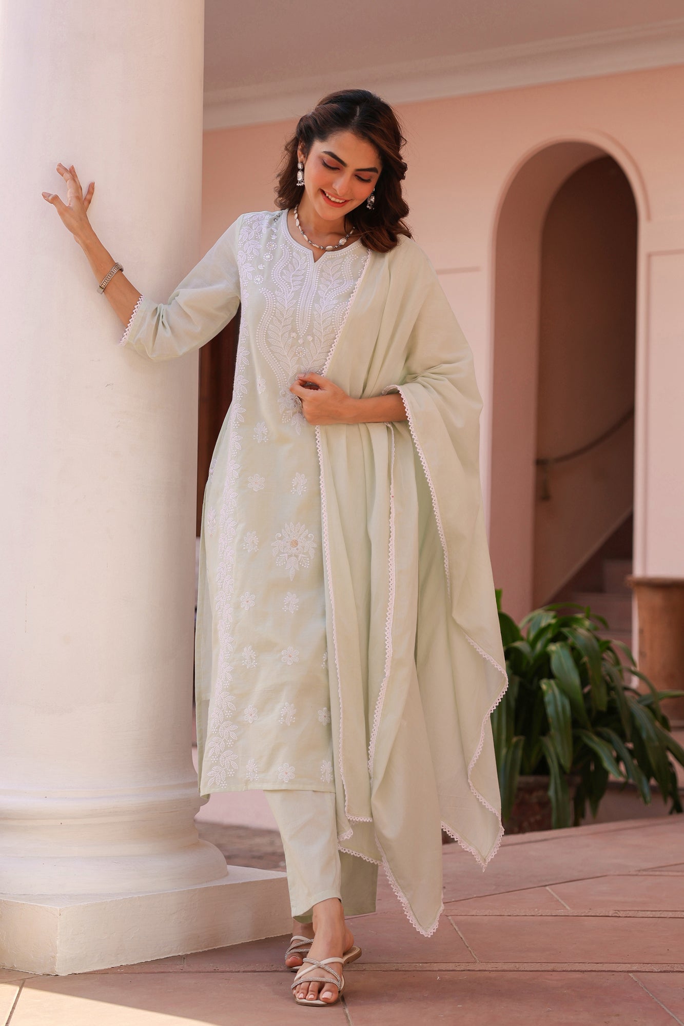 Pistagreen Cotton Mulmul Chikankari Embroidered Straight Suit Set