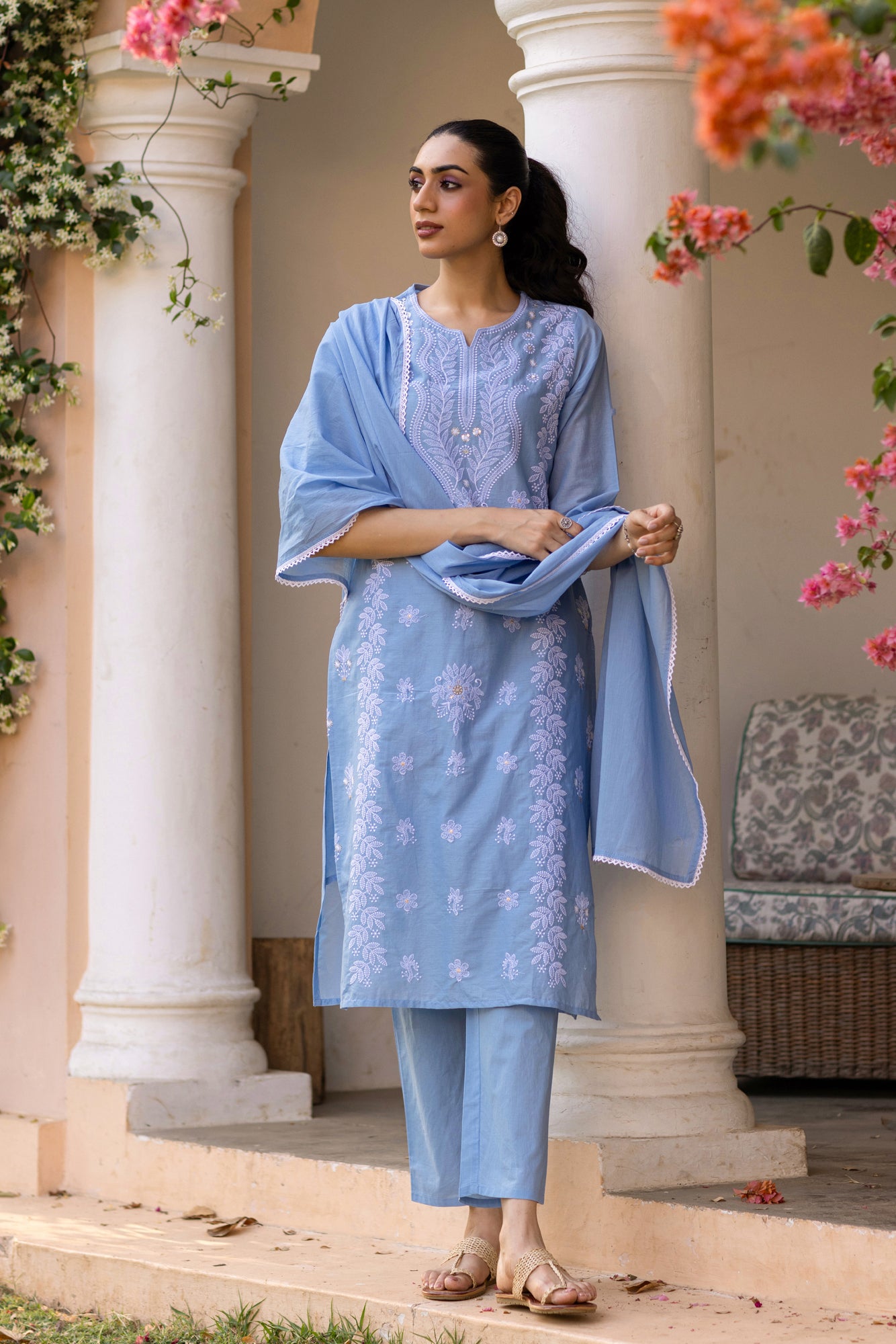 Powder blue Cotton Mulmul Chikankari Embroidered Straight Suit Set