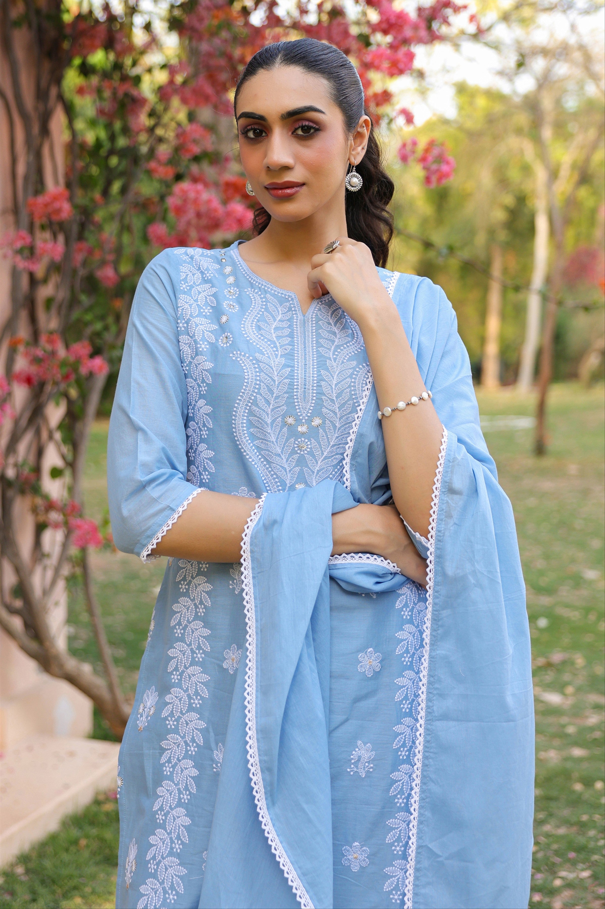 Powder blue Cotton Mulmul Chikankari Embroidered Straight Suit Set