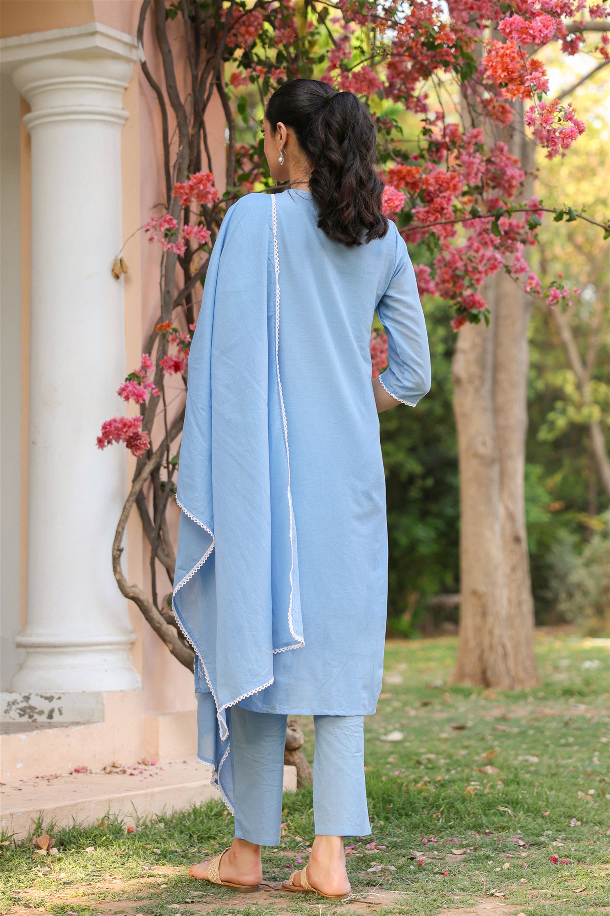 Powder blue Cotton Mulmul Chikankari Embroidered Straight Suit Set