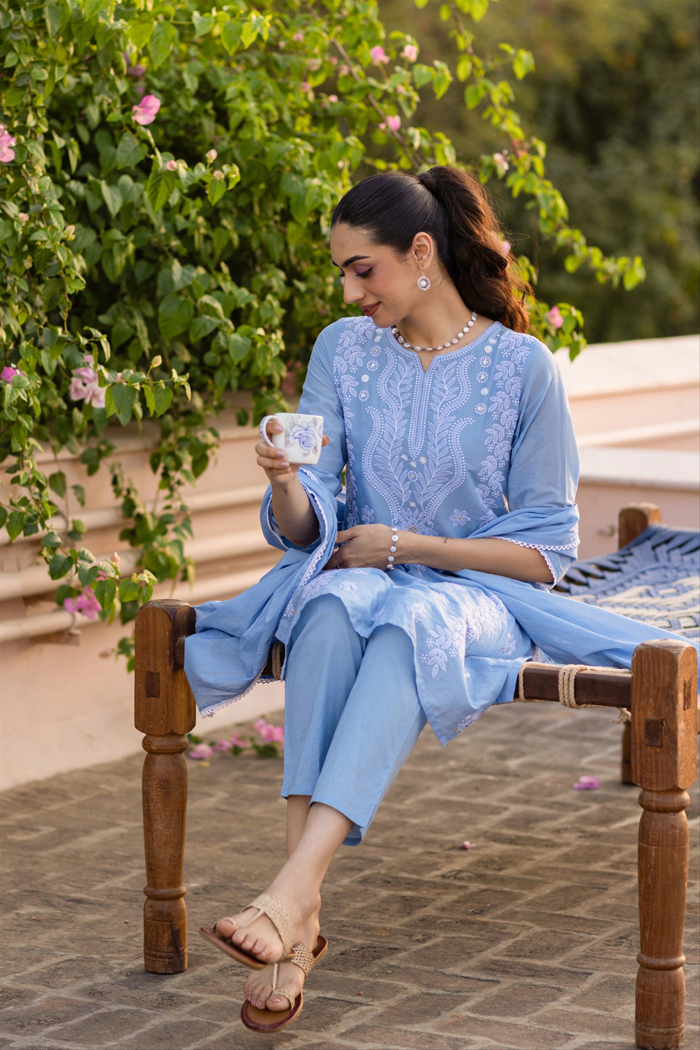 Powder blue Cotton Mulmul Chikankari Embroidered Straight Suit Set
