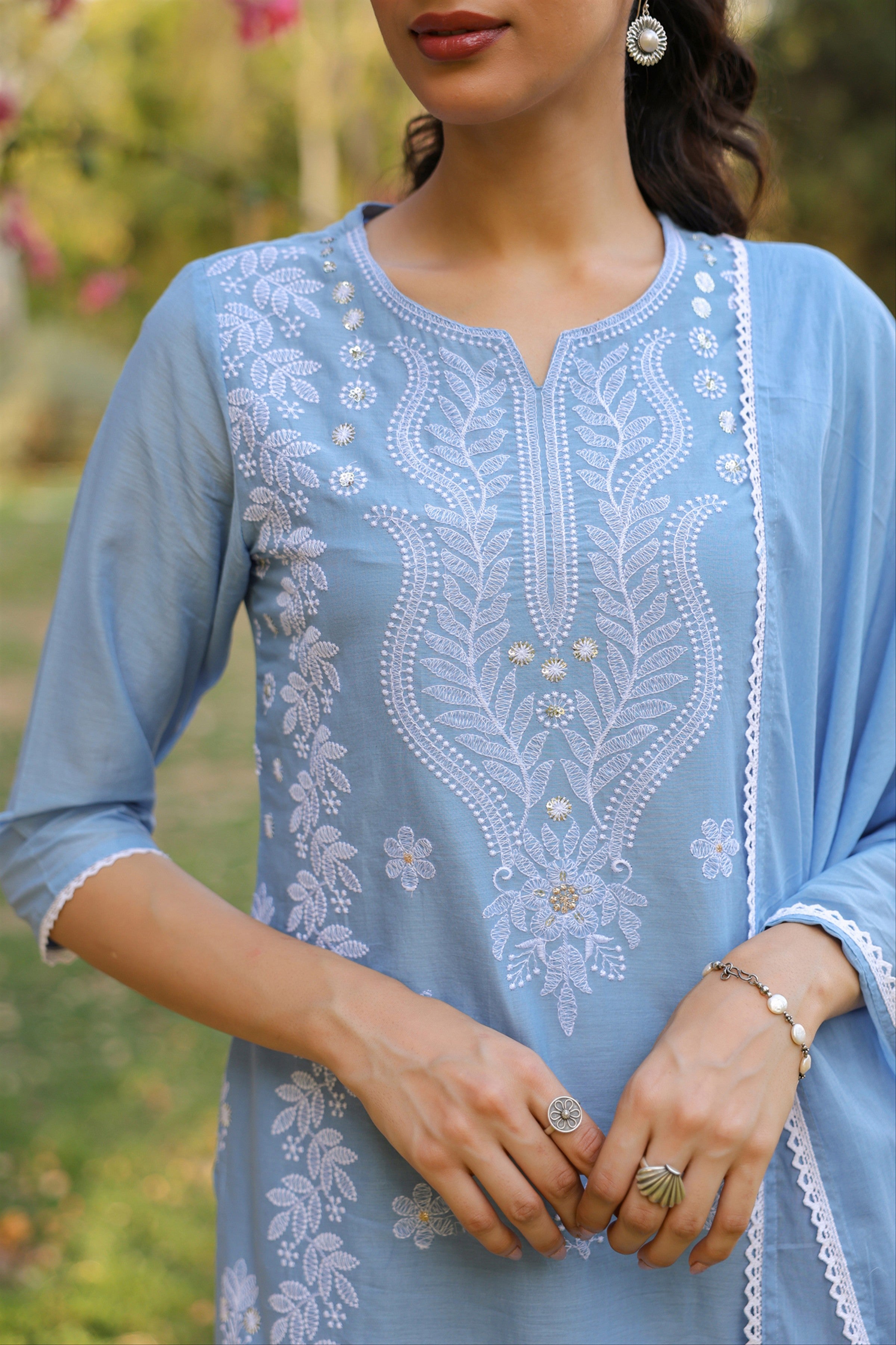 Powder blue Cotton Mulmul Chikankari Embroidered Straight Suit Set