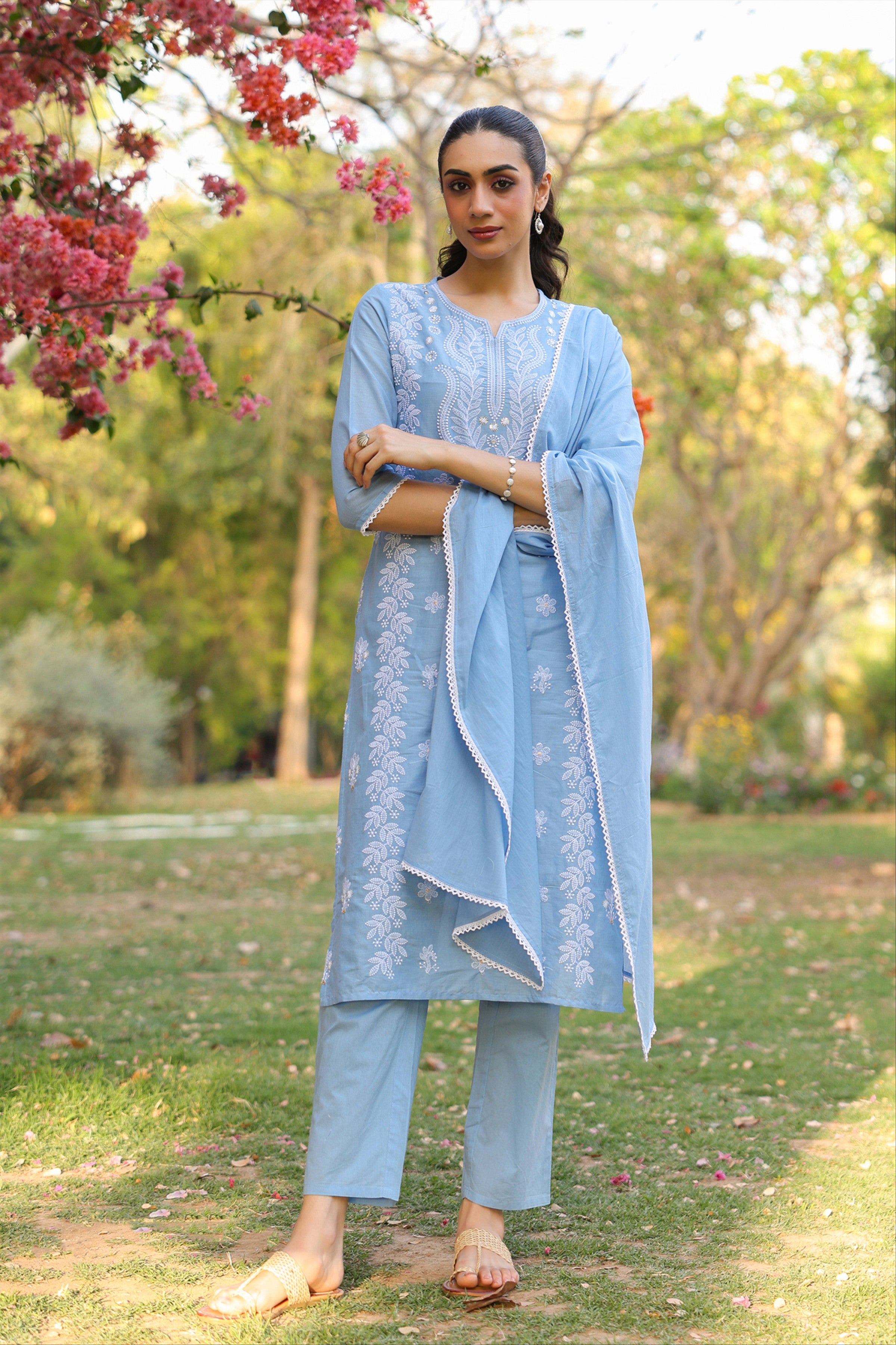 Powder blue Cotton Mulmul Chikankari Embroidered Straight Suit Set