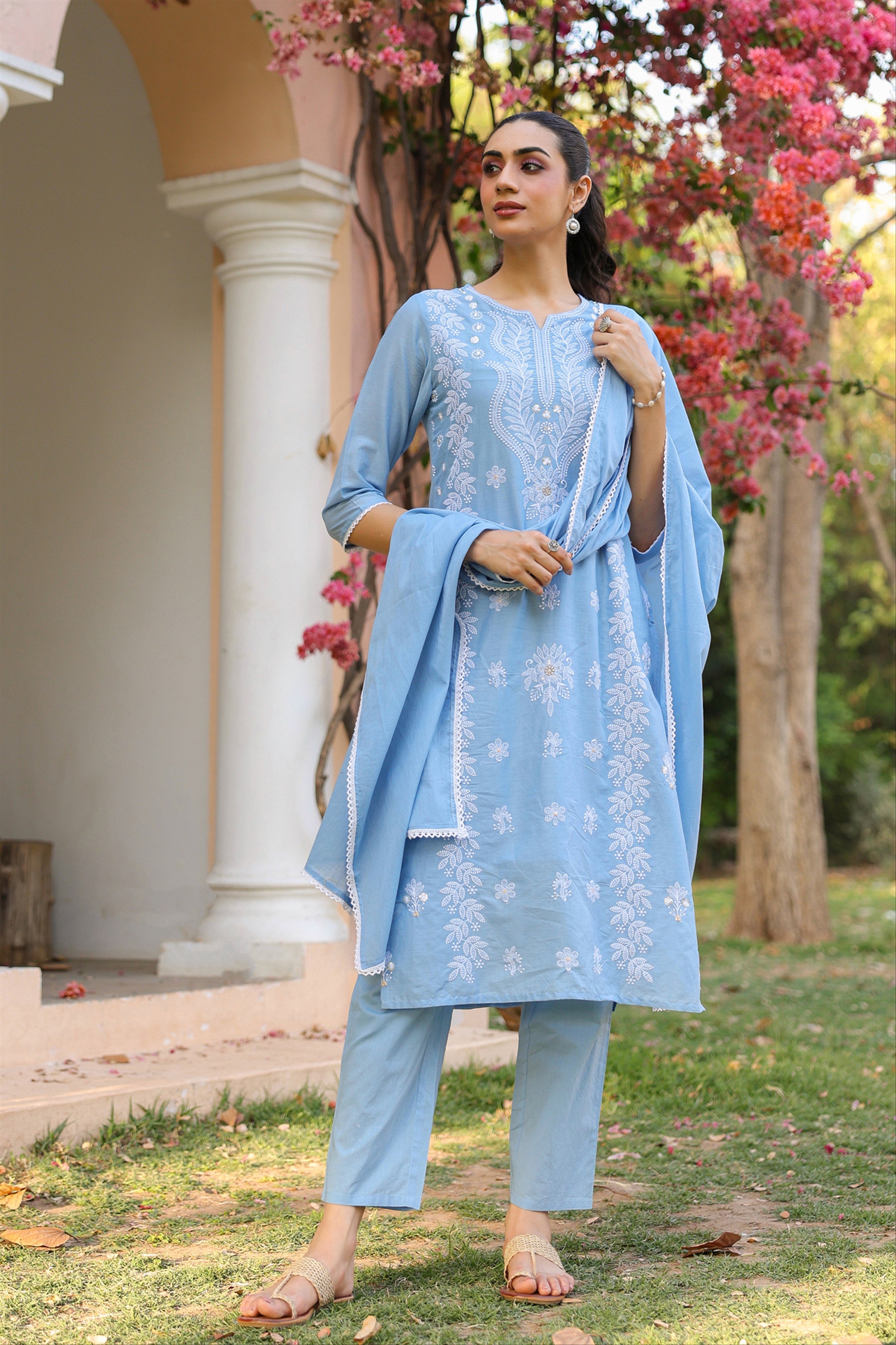 Powder blue Cotton Mulmul Chikankari Embroidered Straight Suit Set