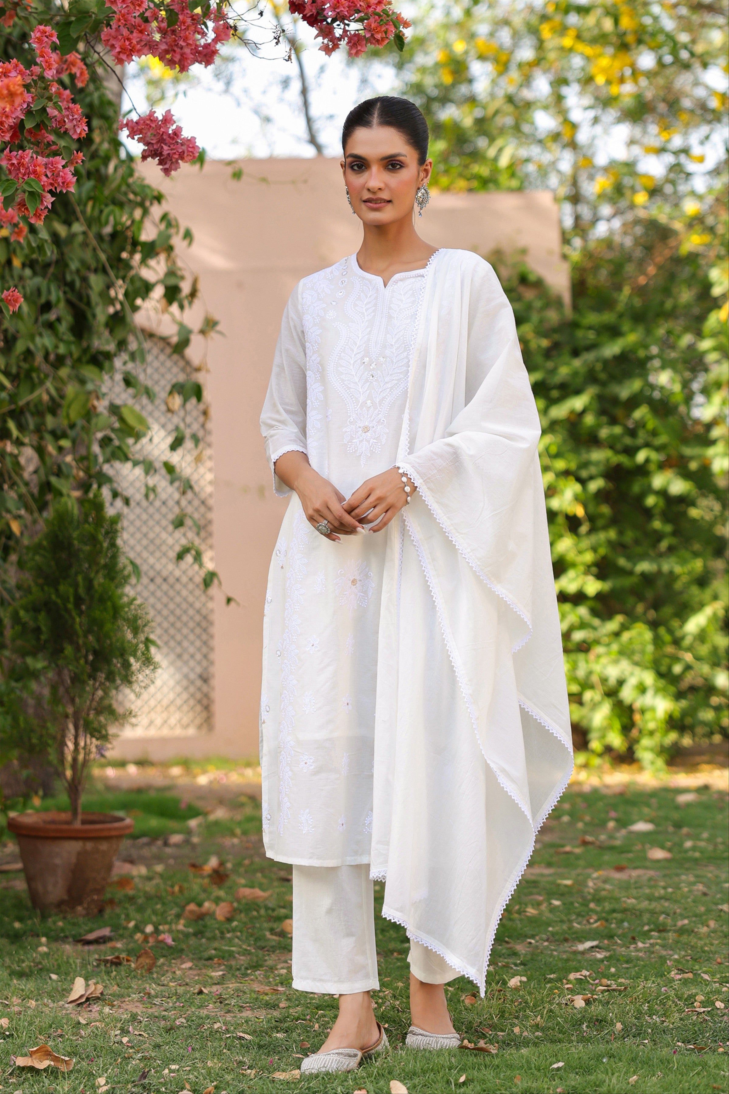 White Cotton Mulmul Chikankari Embroidered Straight Suit Set