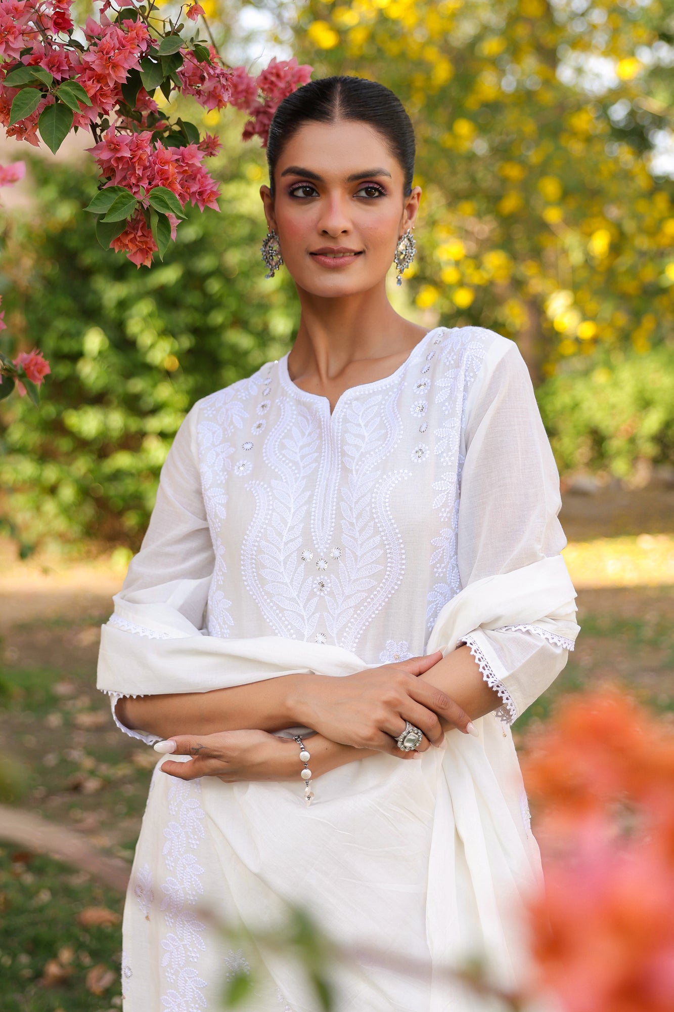 White Cotton Mulmul Chikankari Embroidered Straight Suit Set