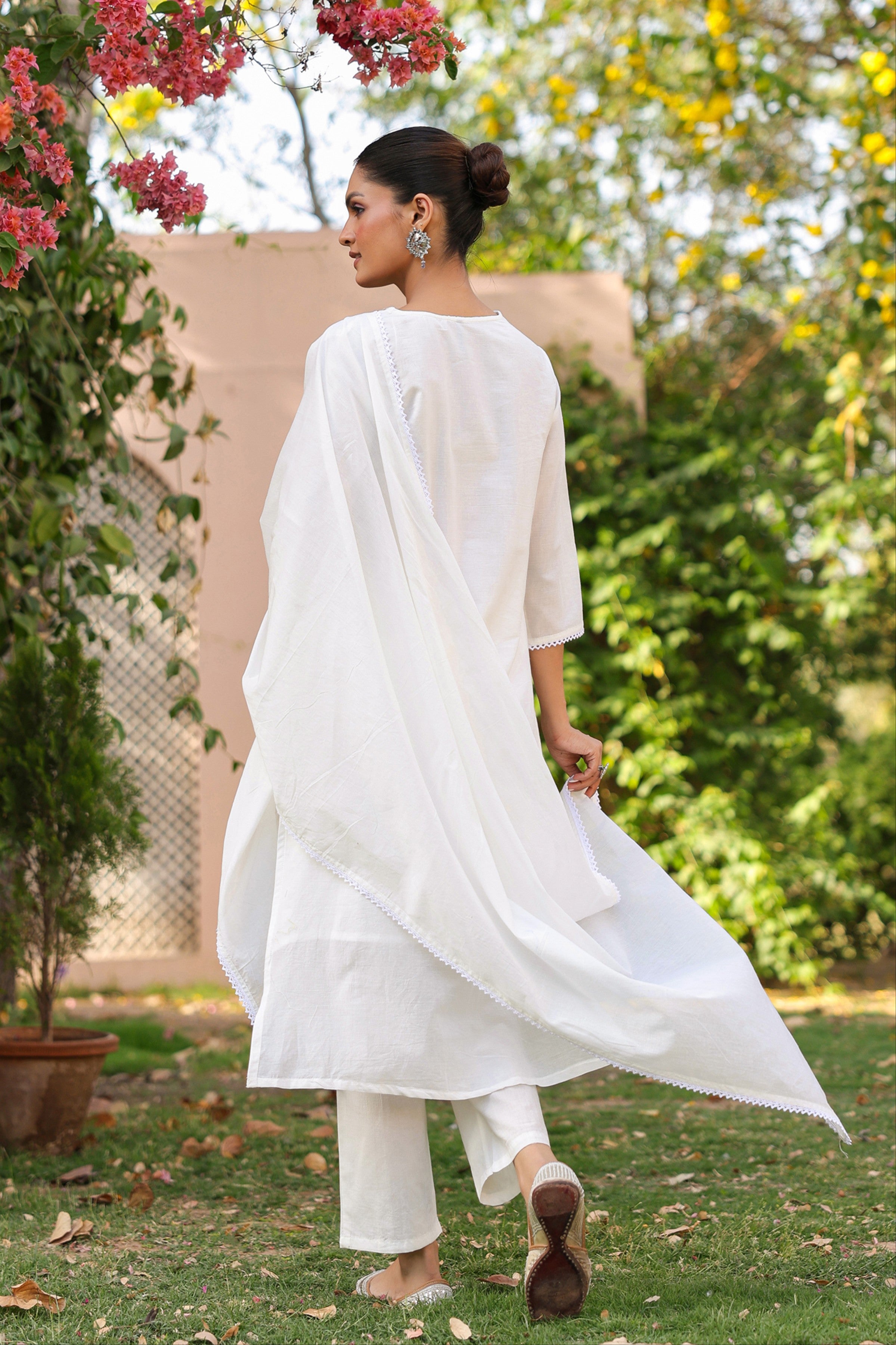 White Cotton Mulmul Chikankari Embroidered Straight Suit Set