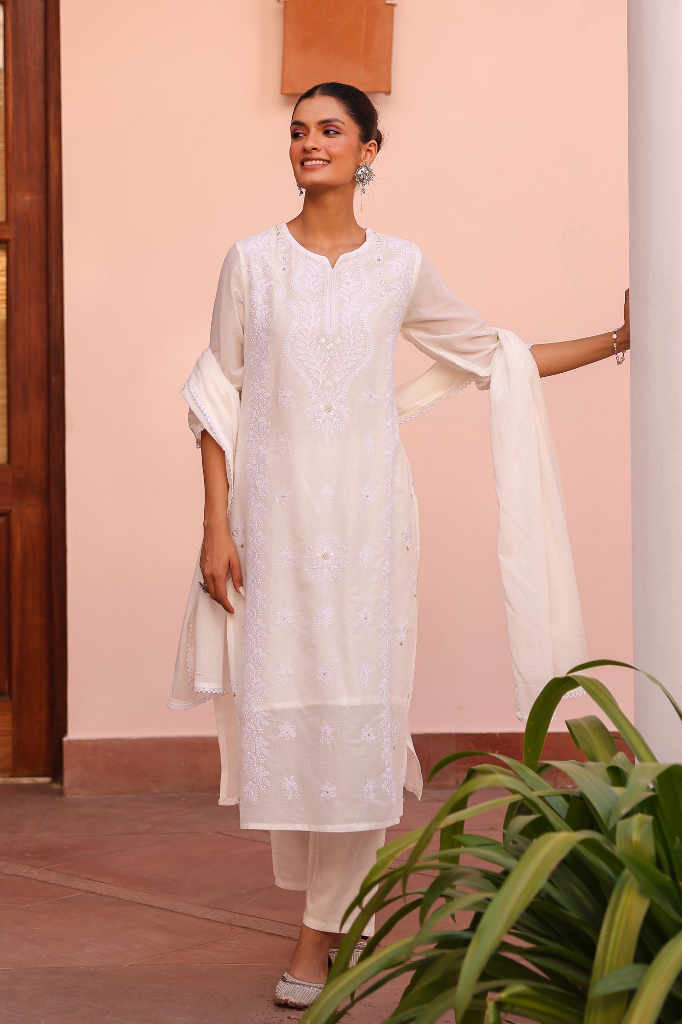White Cotton Mulmul Chikankari Embroidered Straight Suit Set