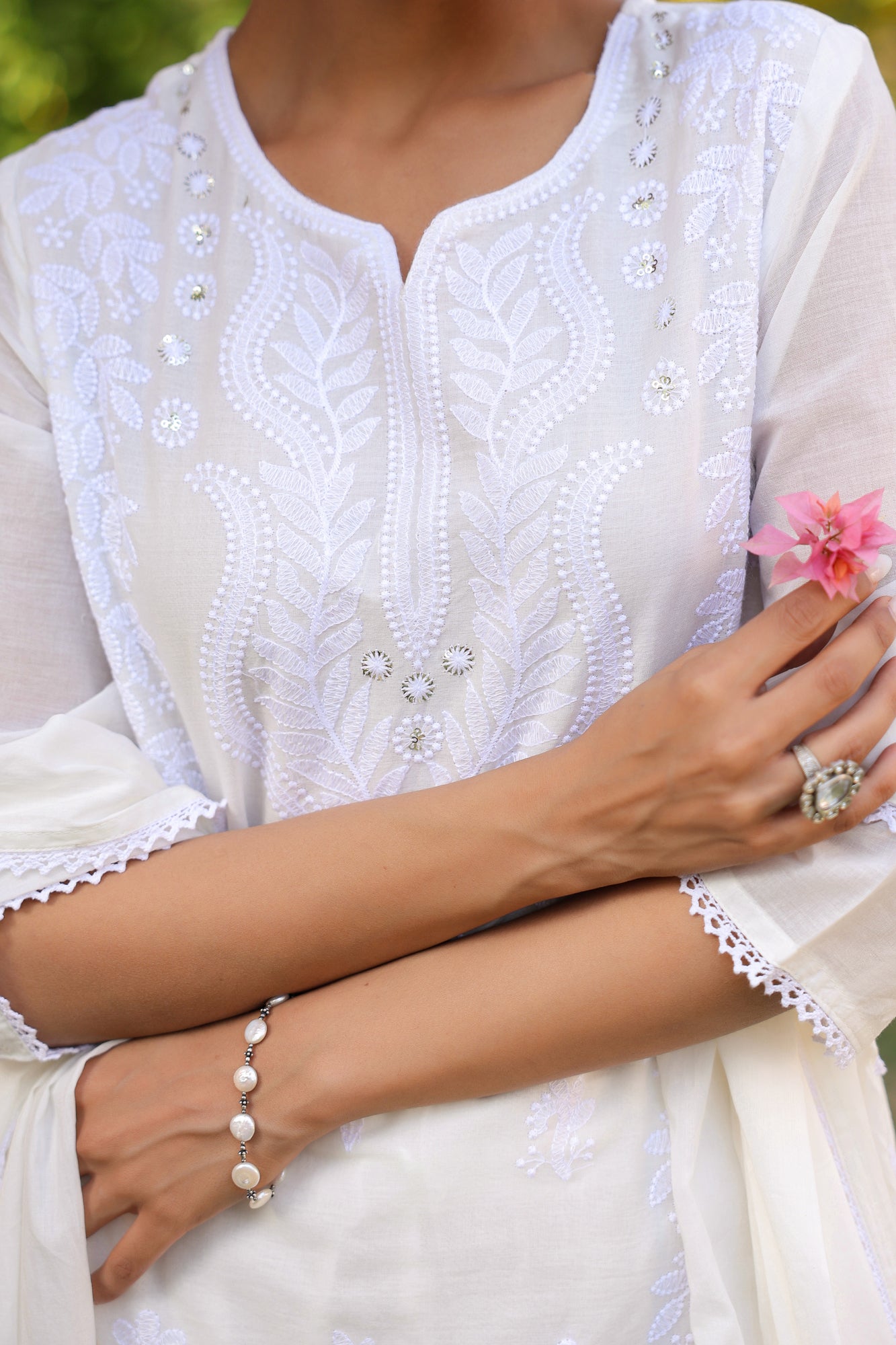 White Cotton Mulmul Chikankari Embroidered Straight Suit Set