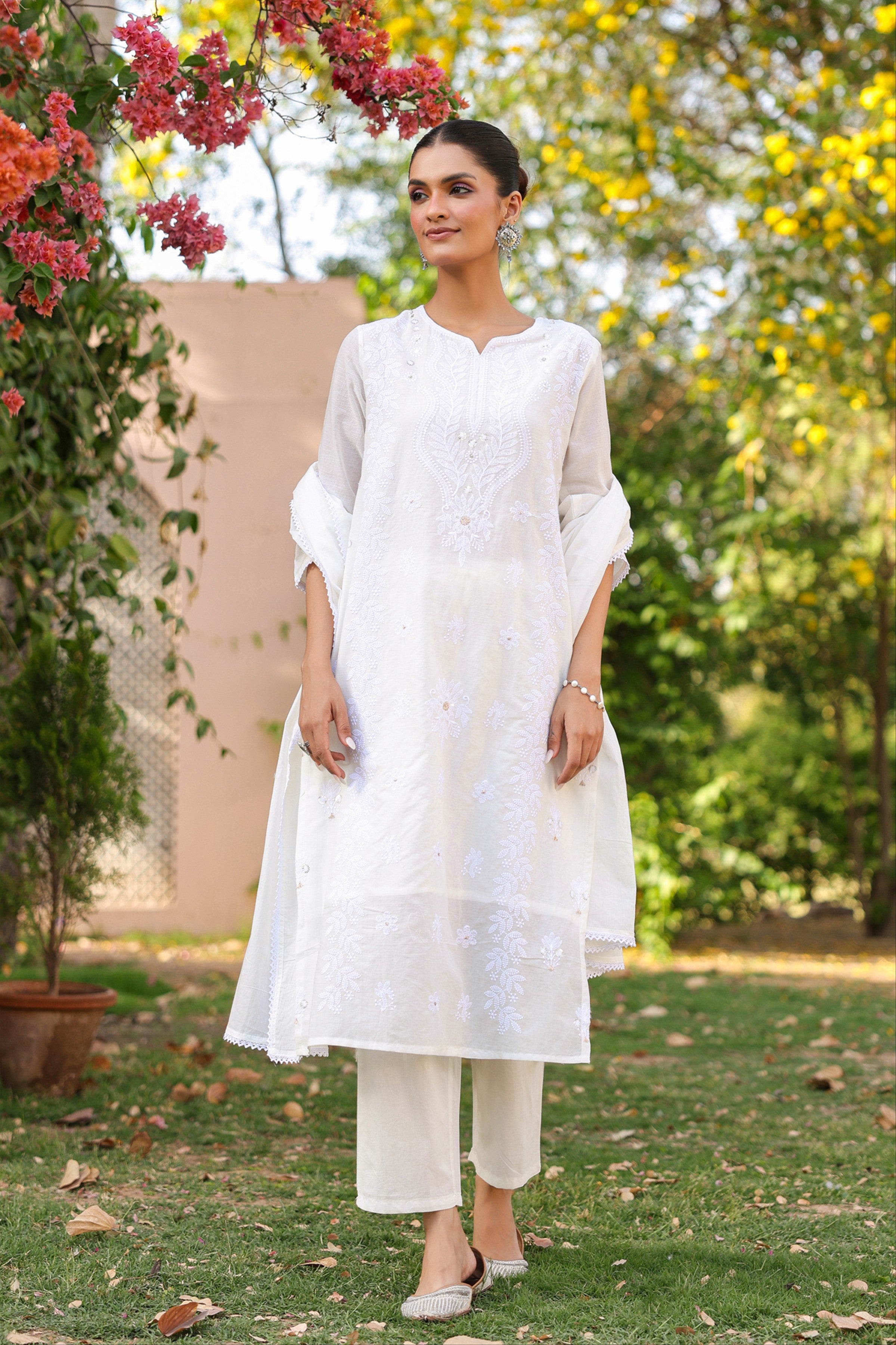 White Cotton Mulmul Chikankari Embroidered Straight Suit Set