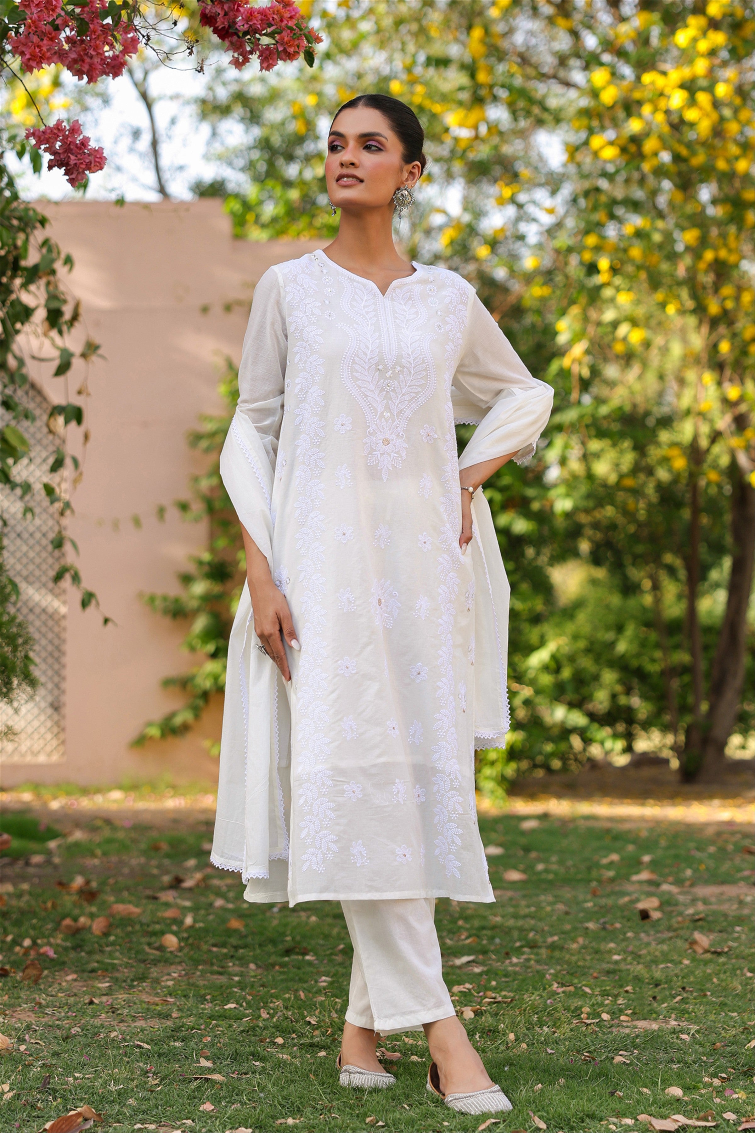 White Cotton Mulmul Chikankari Embroidered Straight Suit Set