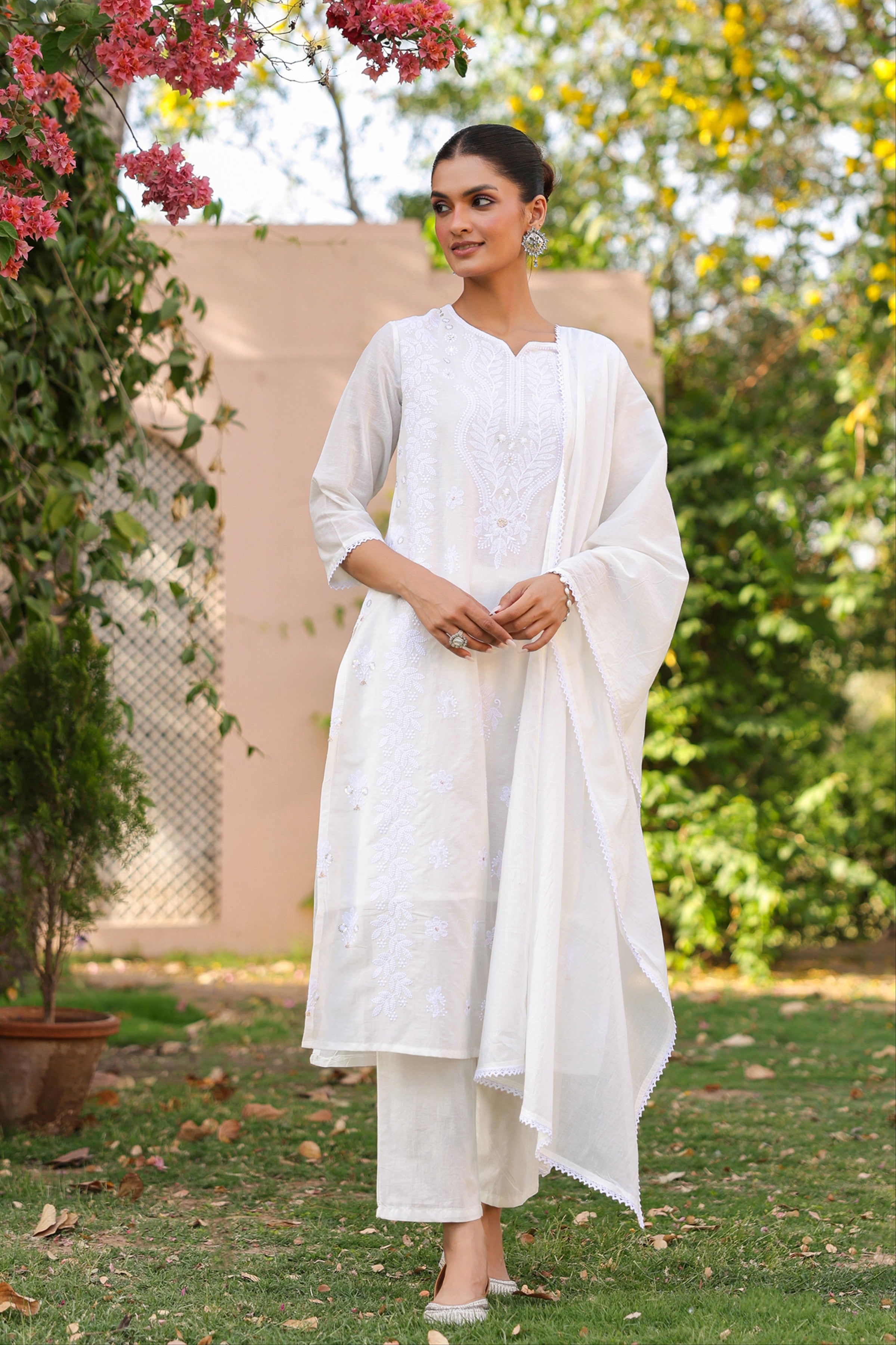 White Cotton Mulmul Chikankari Embroidered Straight Suit Set
