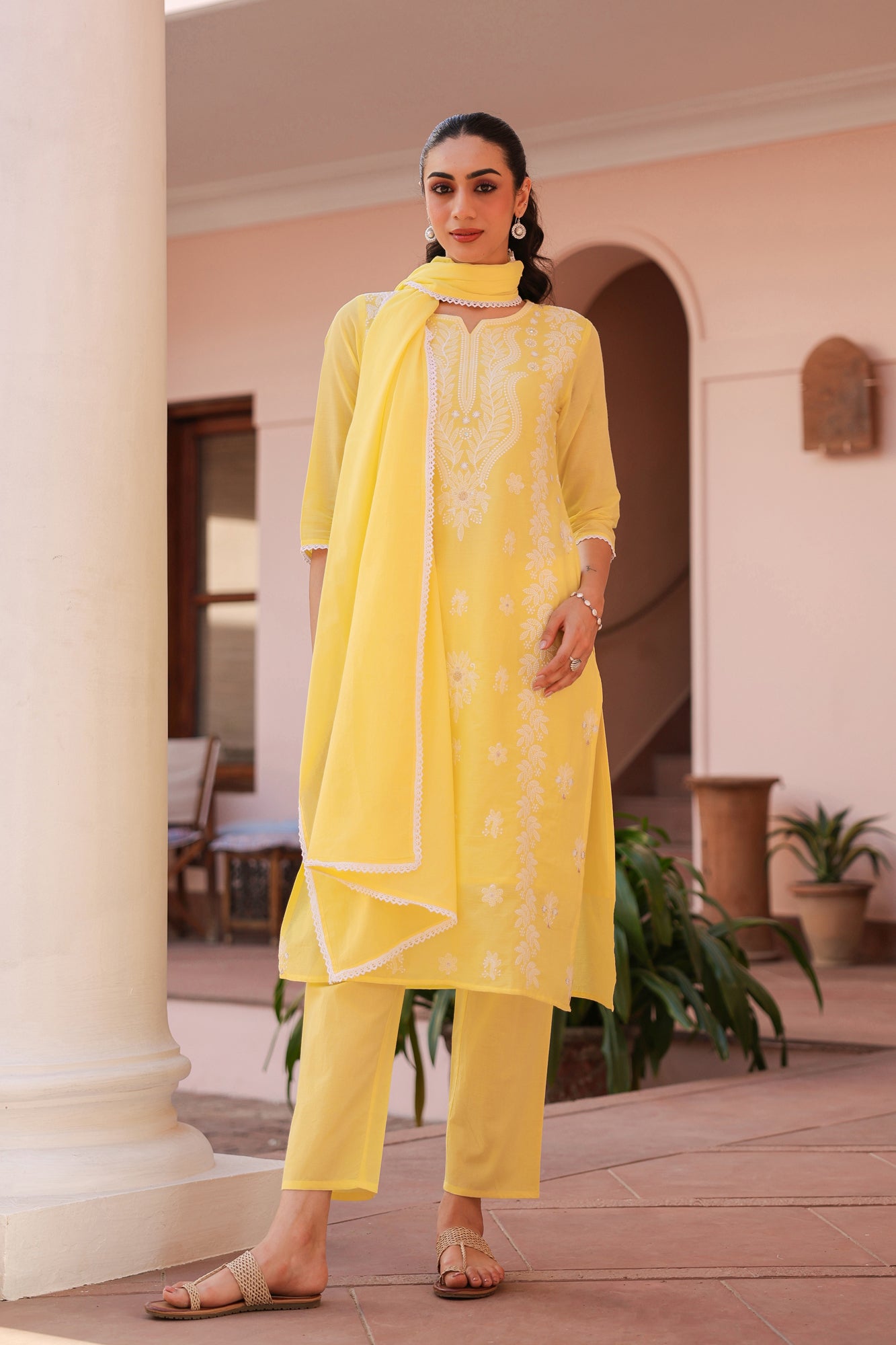 Yellow Cotton Mulmul Chikankari Embroidered Straight Suit Set