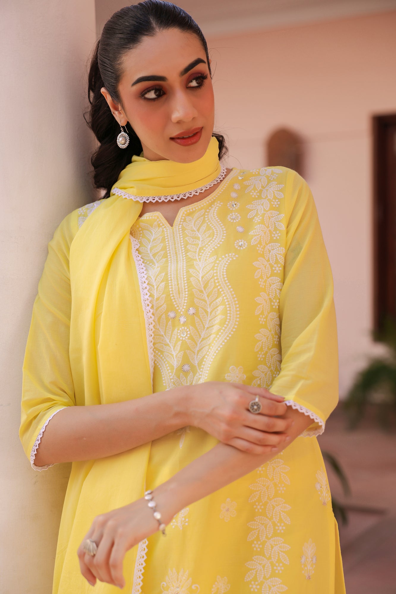 Yellow Cotton Mulmul Chikankari Embroidered Straight Suit Set