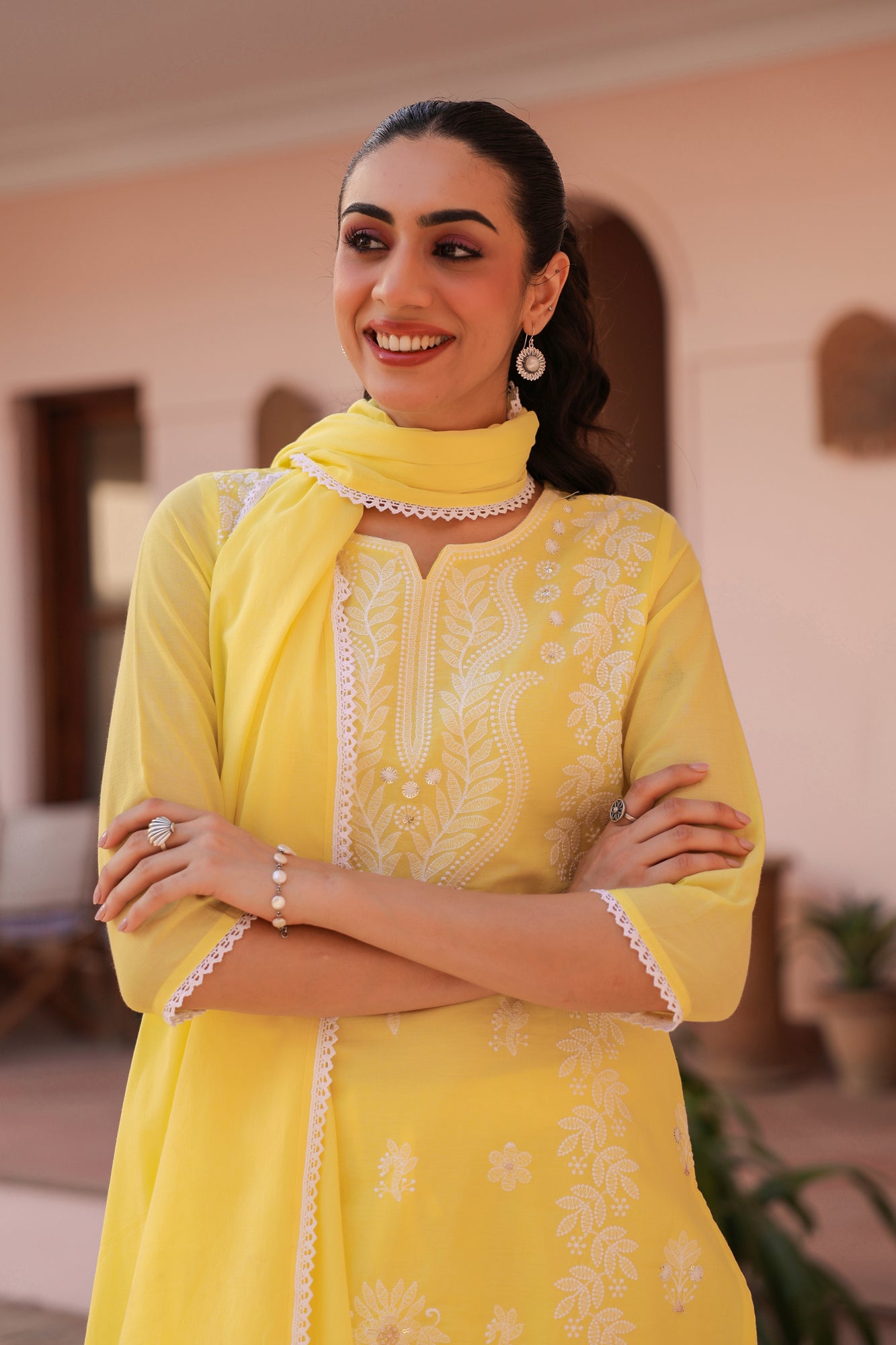 Yellow Cotton Mulmul Chikankari Embroidered Straight Suit Set