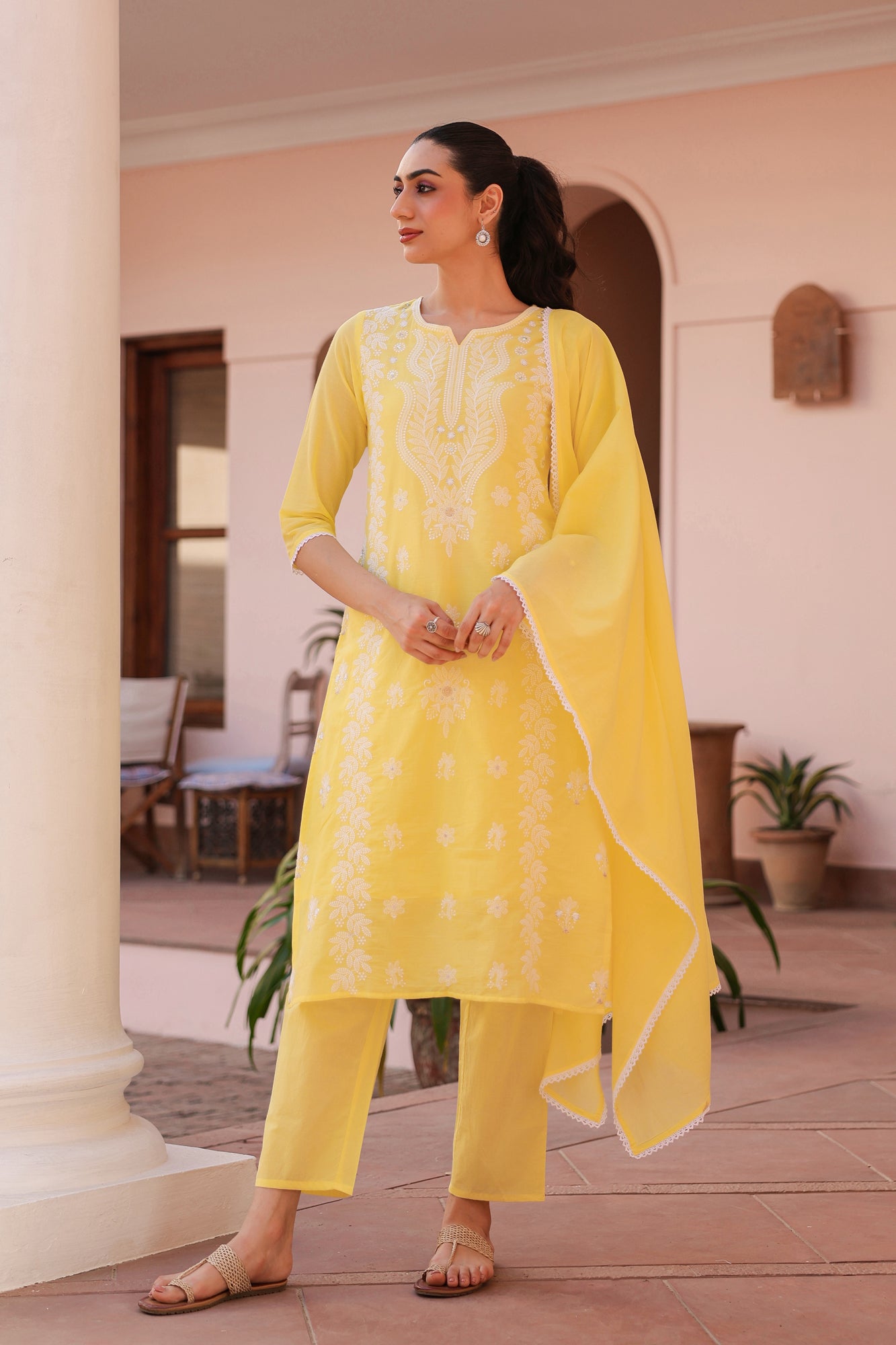 Yellow Cotton Mulmul Chikankari Embroidered Straight Suit Set