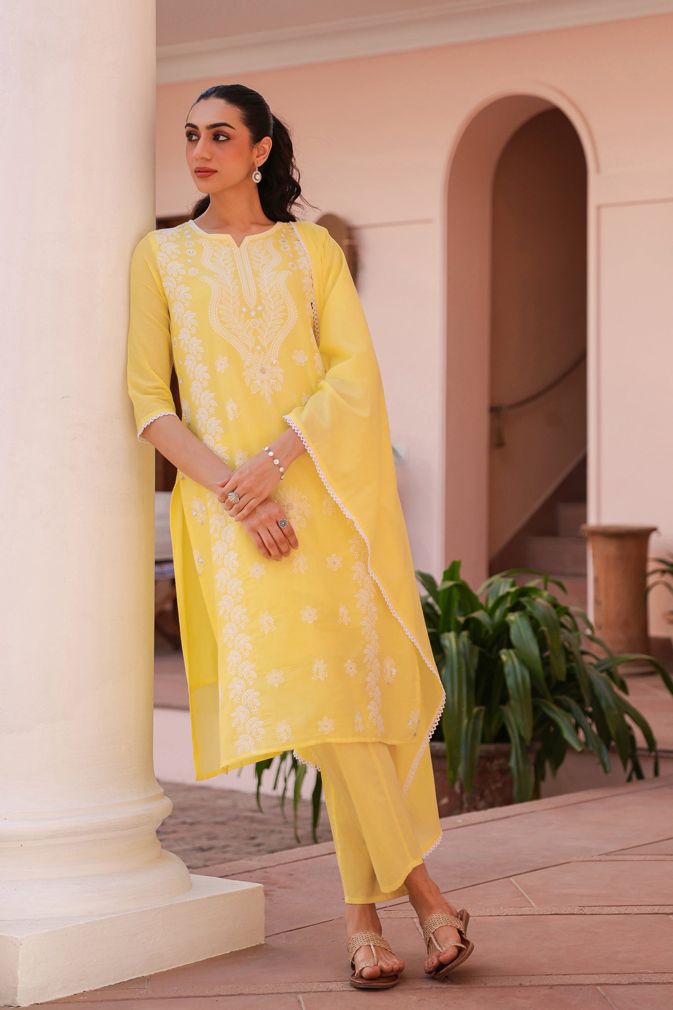 Yellow Cotton Mulmul Chikankari Embroidered Straight Suit Set