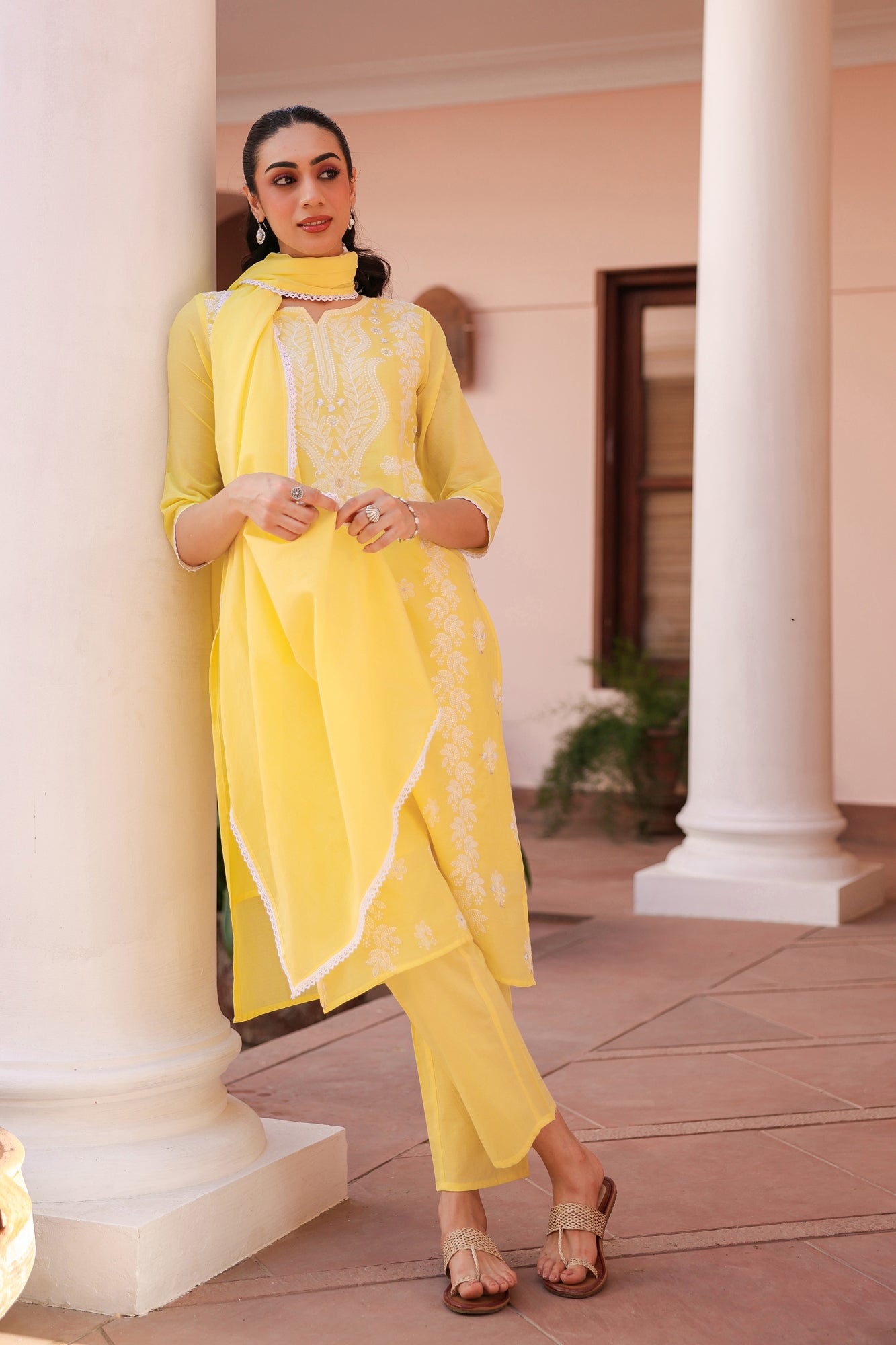Yellow Cotton Mulmul Chikankari Embroidered Straight Suit Set