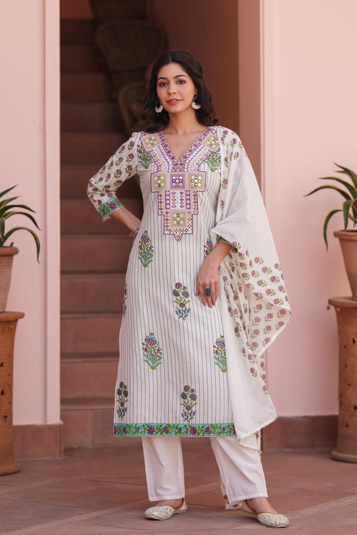 Aqua Cotton Striped-Floral Block-Printed Embroidered Straight Suit Set