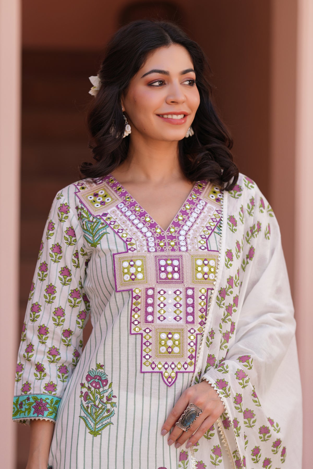Aqua Cotton Striped-Floral Block-Printed Embroidered Straight Suit Set