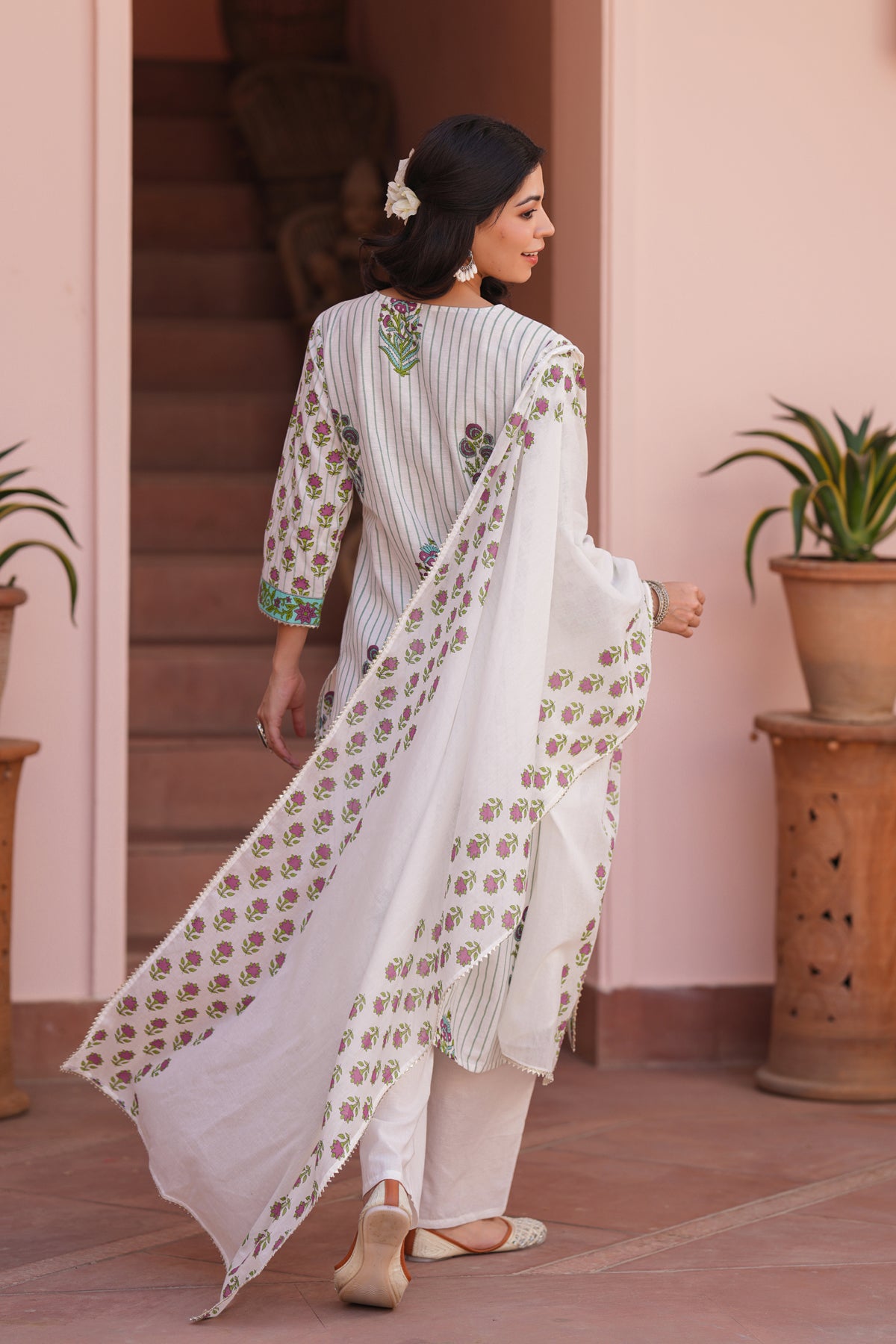 Aqua Cotton Striped-Floral Block-Printed Embroidered Straight Suit Set
