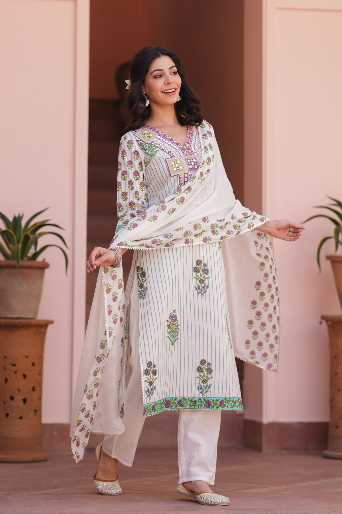 Aqua Cotton Striped-Floral Block-Printed Embroidered Straight Suit Set