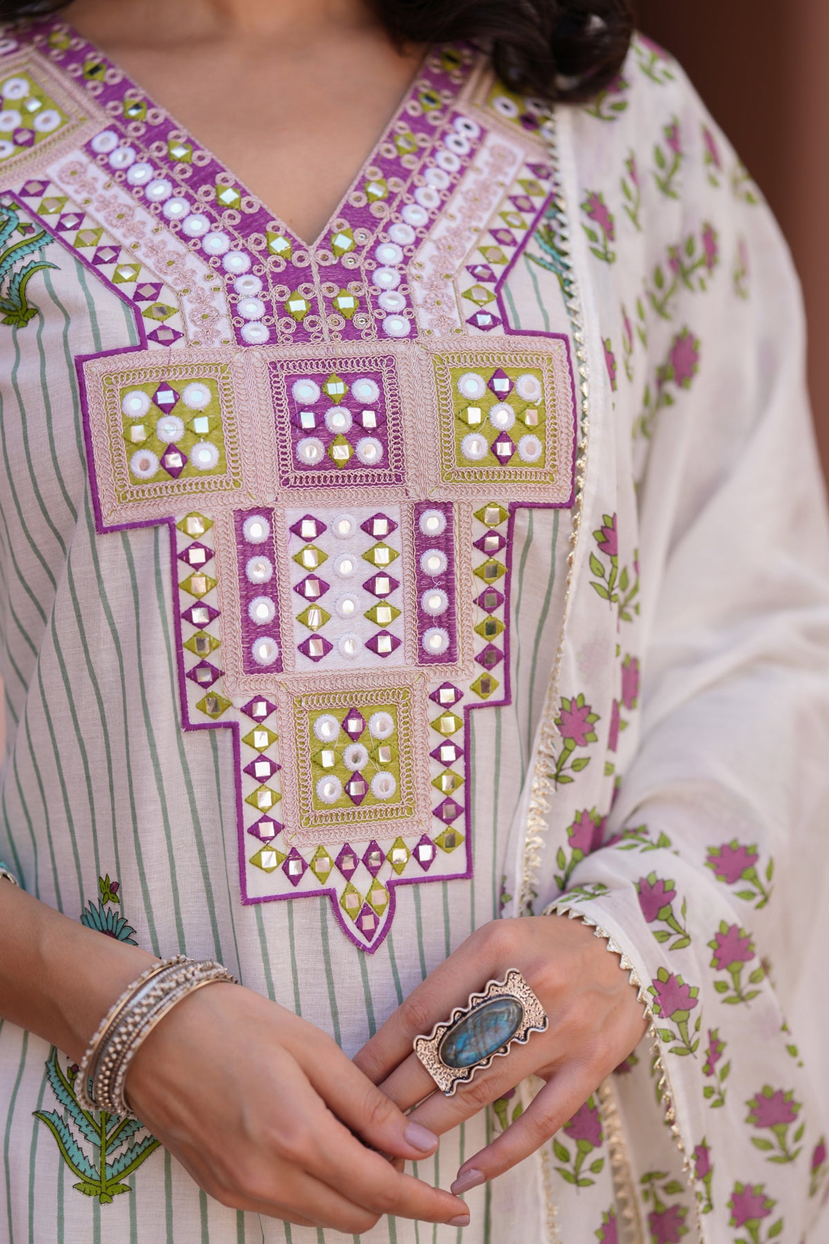 Aqua Cotton Striped-Floral Block-Printed Embroidered Straight Suit Set