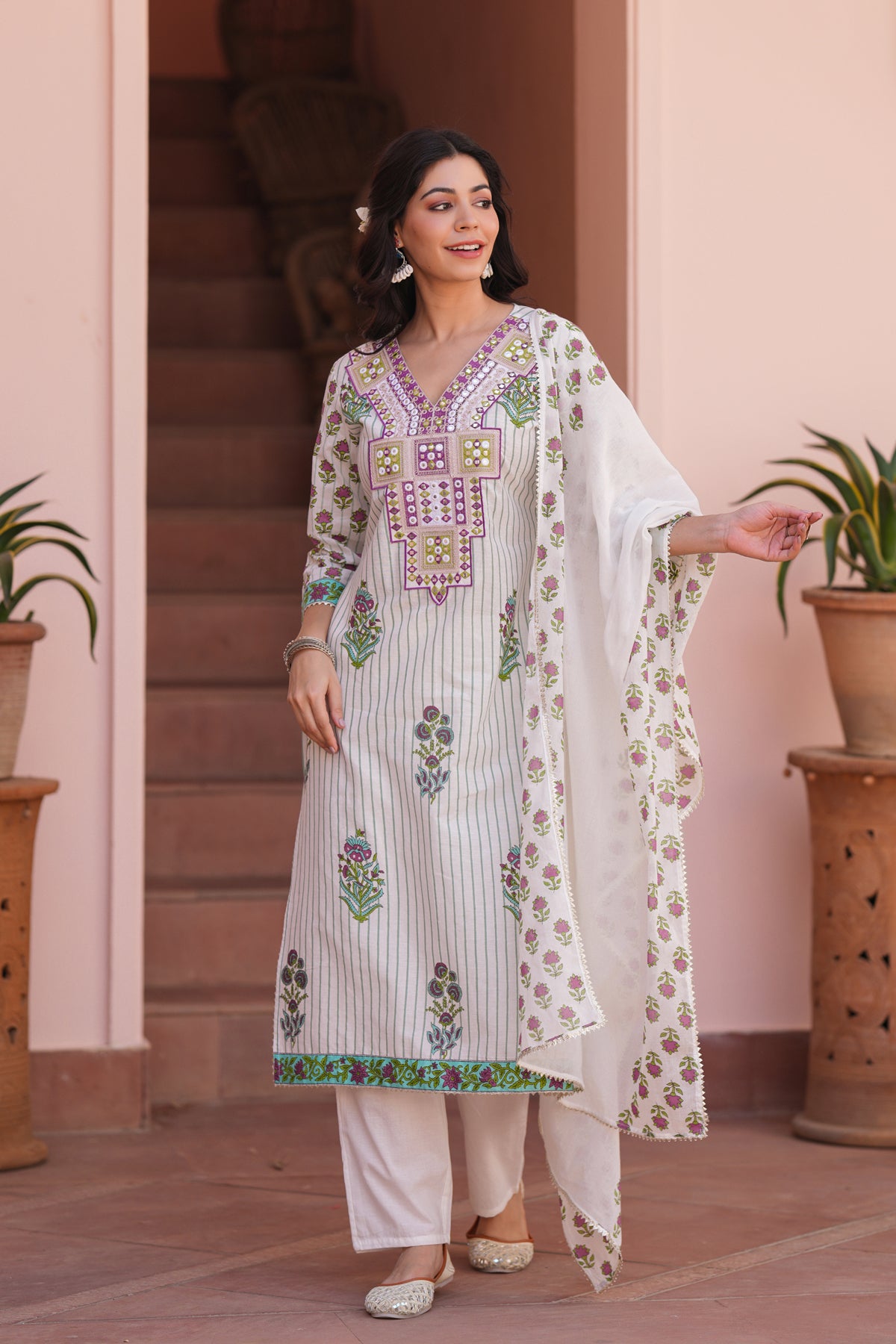 Aqua Cotton Striped-Floral Block-Printed Embroidered Straight Suit Set