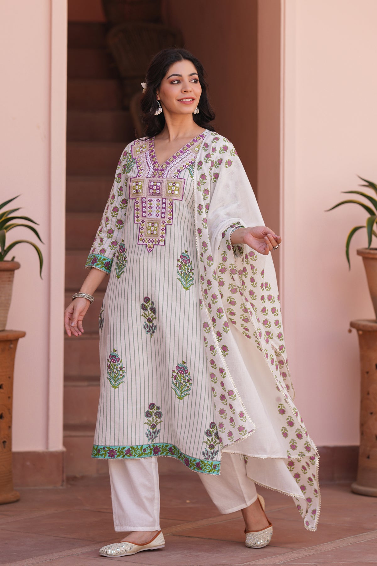 Aqua Cotton Striped-Floral Block-Printed Embroidered Straight Suit Set