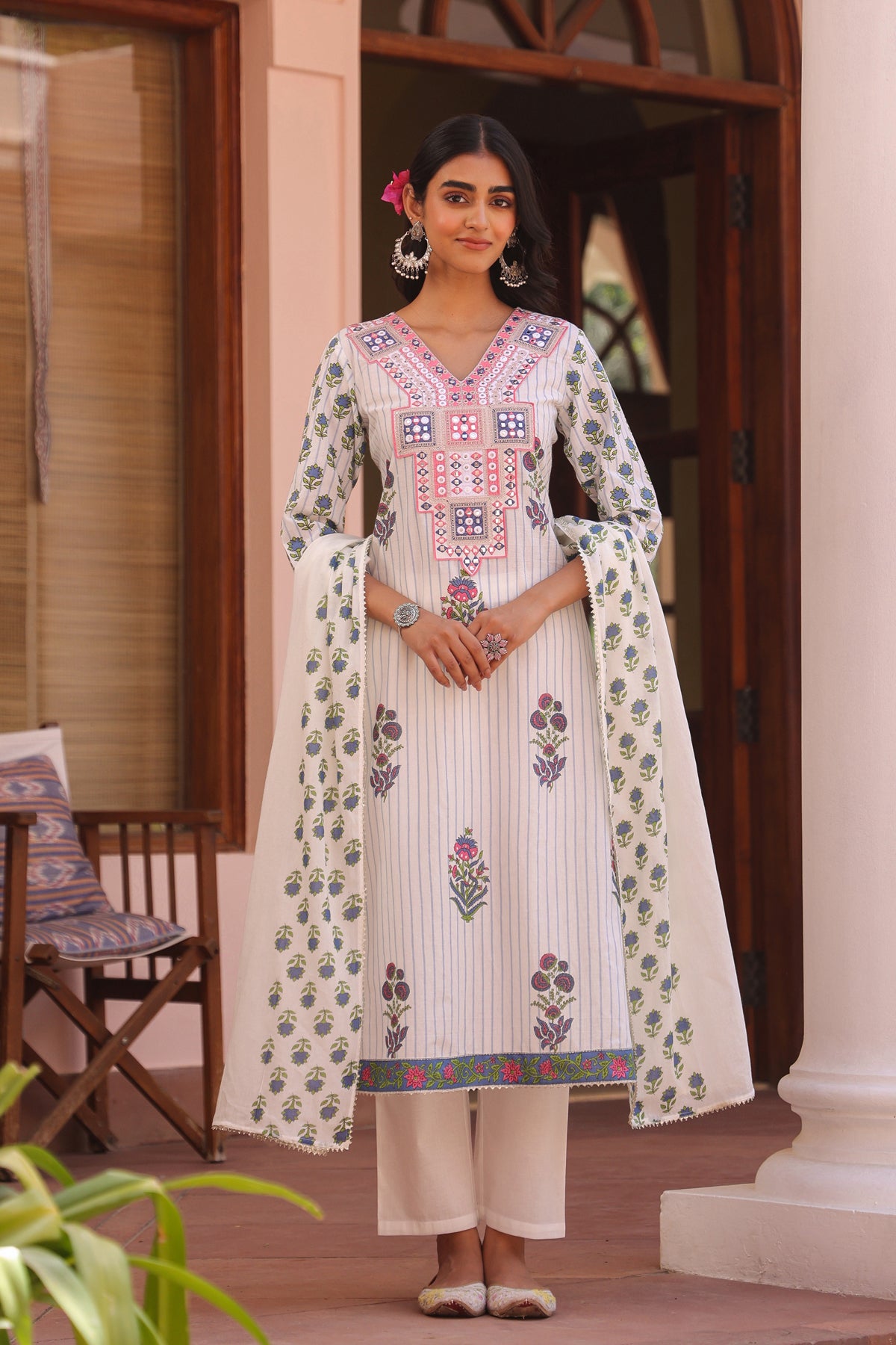 Blue Cotton Striped-Floral Block-Printed Embroidered Straight Suit Set